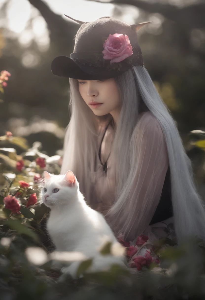 a girl with long pink hair sitting on a bed with a cat behind her and a white cat behind her, chizuko yoshida, anime girl, a manga drawing, remodernism Sparkling electric eyes,Sparkling electric eyes, in magical realistic with dark fire, black lipstick, flowers on head, (half height:1.3) ultra realistic, hyper realistic, volumetric light, soft light, (bw:1.1), ((CryEngine 3))
