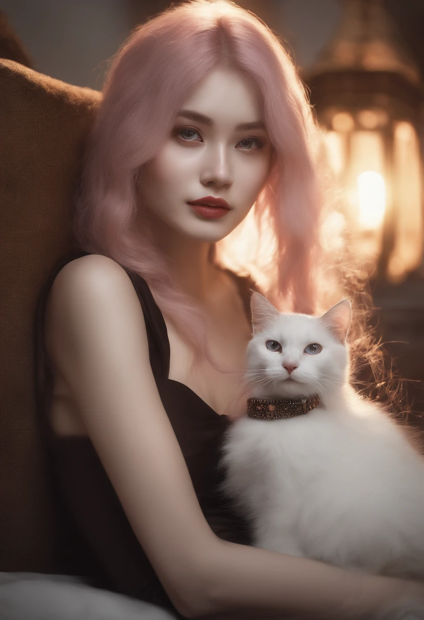 a girl with long pink hair sitting on a bed with a cat behind her and a white cat behind her, chizuko yoshida, anime girl, a manga drawing, remodernism Sparkling electric eyes,Sparkling electric eyes, in magical realistic with dark fire, black lipstick, flowers on head, (half height:1.3) ultra realistic, hyper realistic, volumetric light, soft light, (bw:1.1), ((CryEngine 3))