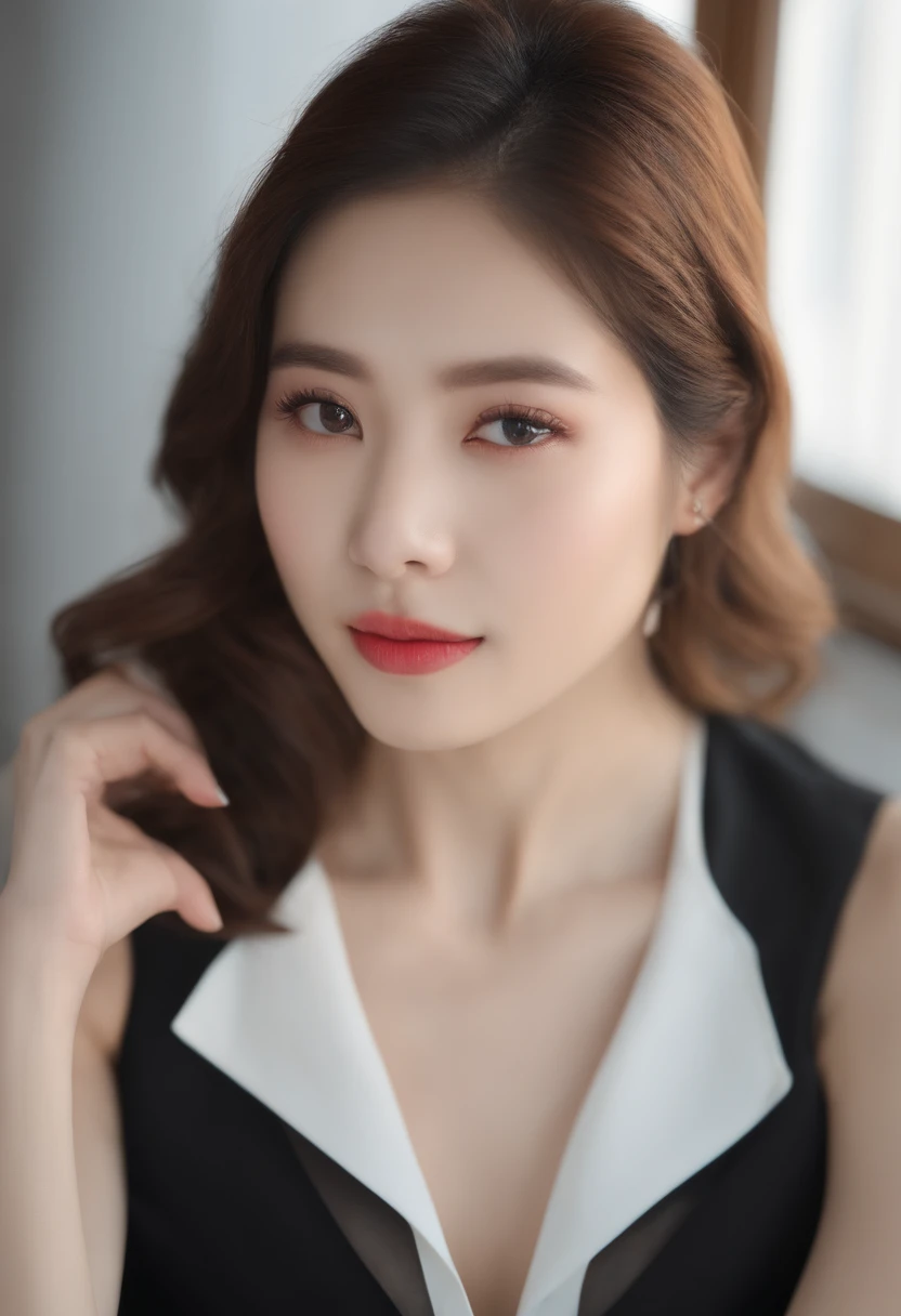 Gentle and beautiful woman, half-body photo, delicate sexy collarbone, charming oval face, Double eyelids, smart peach blossom eyes, Pink lips, a small nose, bare shoulder, focused face, face closeup, Hyper HD, Super detailing, Elegant standing, Black British Preppy Double Breasted Casual Rouge Korean Blazer, Beautiful smile, Pair it with a black pleated skirt suit