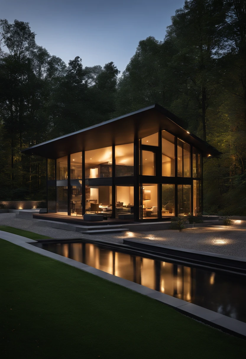 mordenhouse, house, glass house with a sloping roof, modern, dynamic (RAW photo, real, best quality, masterpiece:1.2), (hyper realistic, photo-realistic:1.2), high quality, (dark lighting:1.2), perfect lighting, archdaily