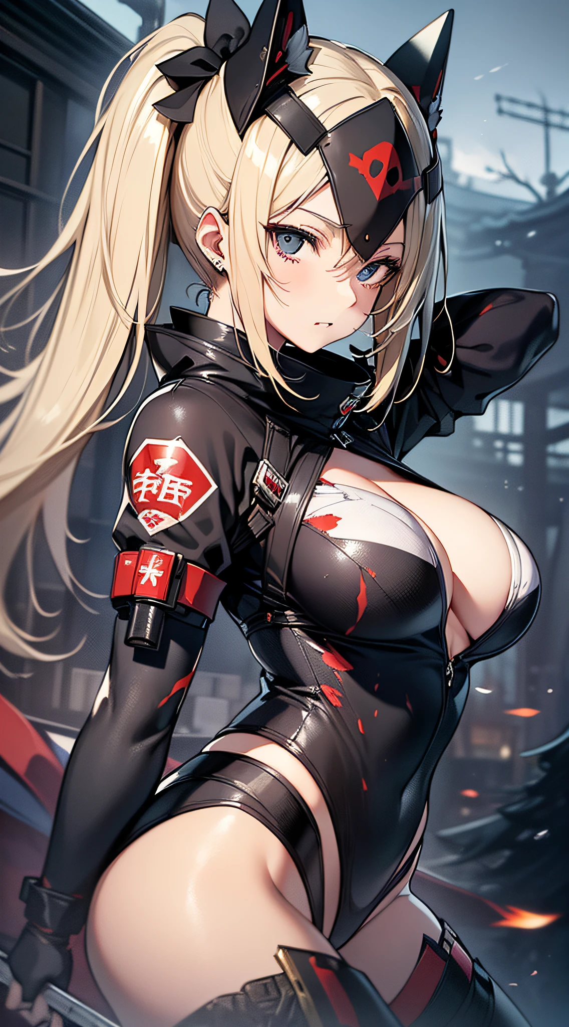 top-quality、Top image quality、​masterpiece、Mecha Girl((18year old、Black Ninja Uniform,Best Bust、Bust 100、a blond、poneyTail、Breasts wide open,You can see a large valley、Black eye、Strong eye power、Go to Viewer、Black Hachimaki、Hold the sword,Full of wounds all over the body)）hiquality、visualart、Background with((World of Japan、Black sky))、