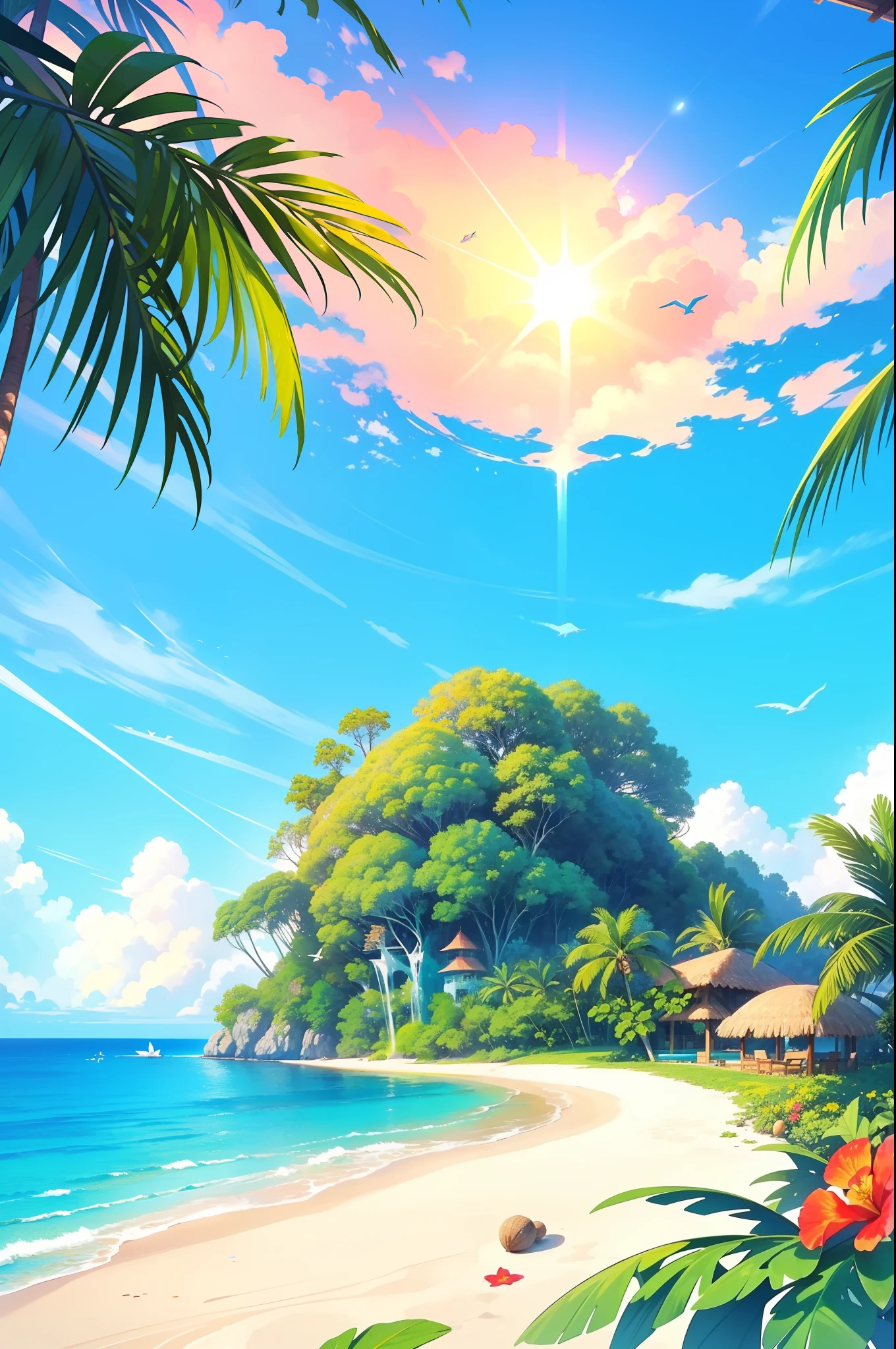 (Highly very detailed tropical island with colorful flowers and coconuts), (extremely very beautiful and full of flora and fauna), clear sea , Sunset, birds flying, white sandy beaches and clear crystal sea water, ((Blue clear sky and vibrant colorful environment.))