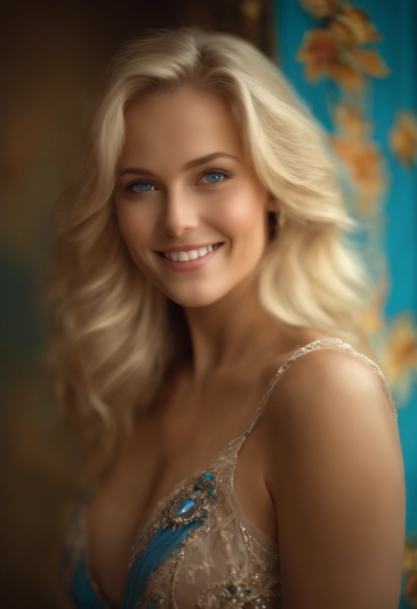 naked girl, blonde, blue eyes, room, smiling