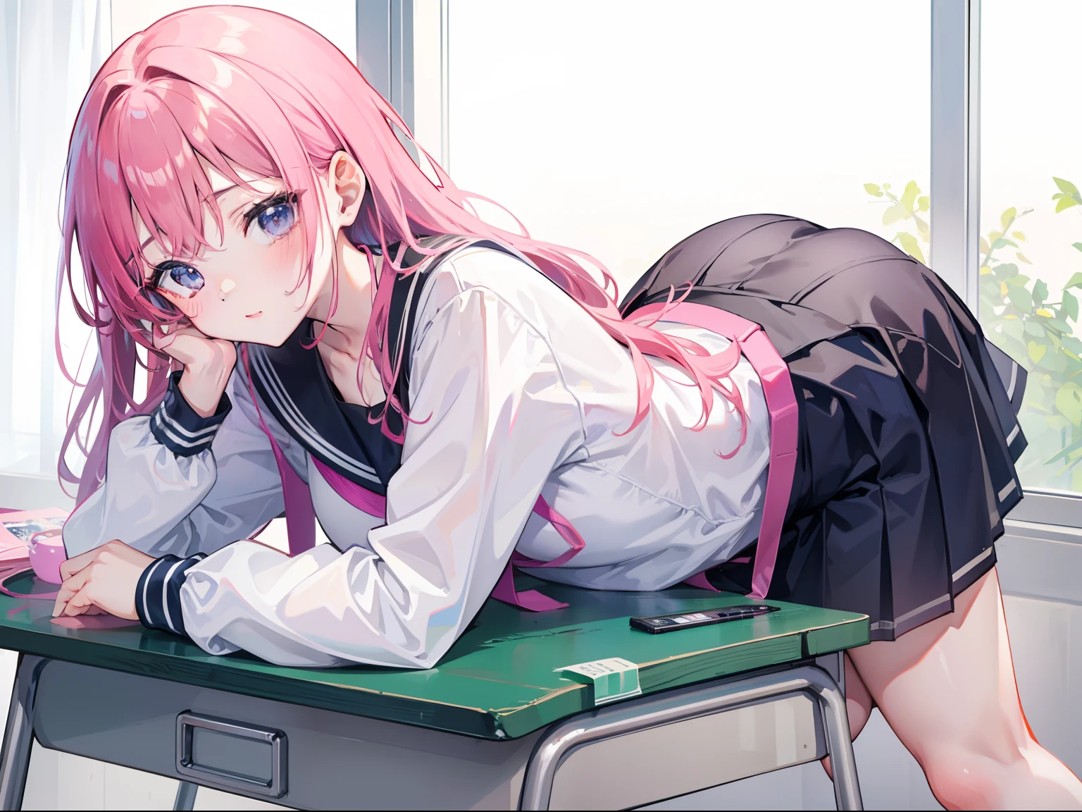 s girl、校服、Lying on the desk、stick your butt out