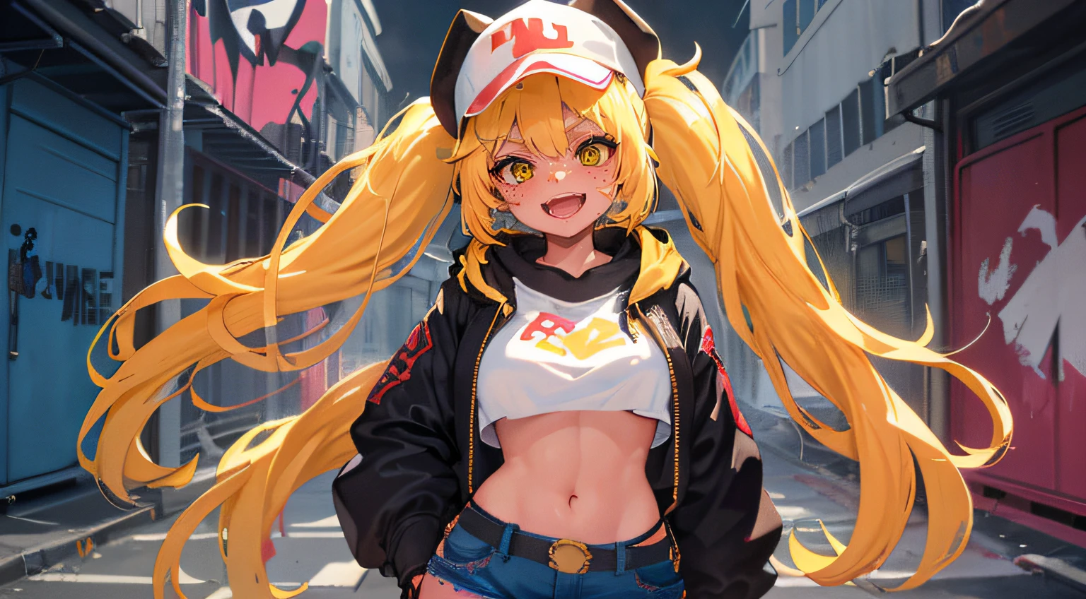 masterpiece, best quality, (extremely detailed CG unity 8k wallpaper, masterpiece, best quality, ultra-detailed, masterpiece, best quality, 1girl, solo, crop top, denim shorts, choker, (graffiti:1.5), paint splatter, arms behind back, against wall, looking at viewer, armband, thigh strap, paint on body, head tilt, bored, multicolored hair, aqua eyes, headset, Himiko Toga , clear eyes,