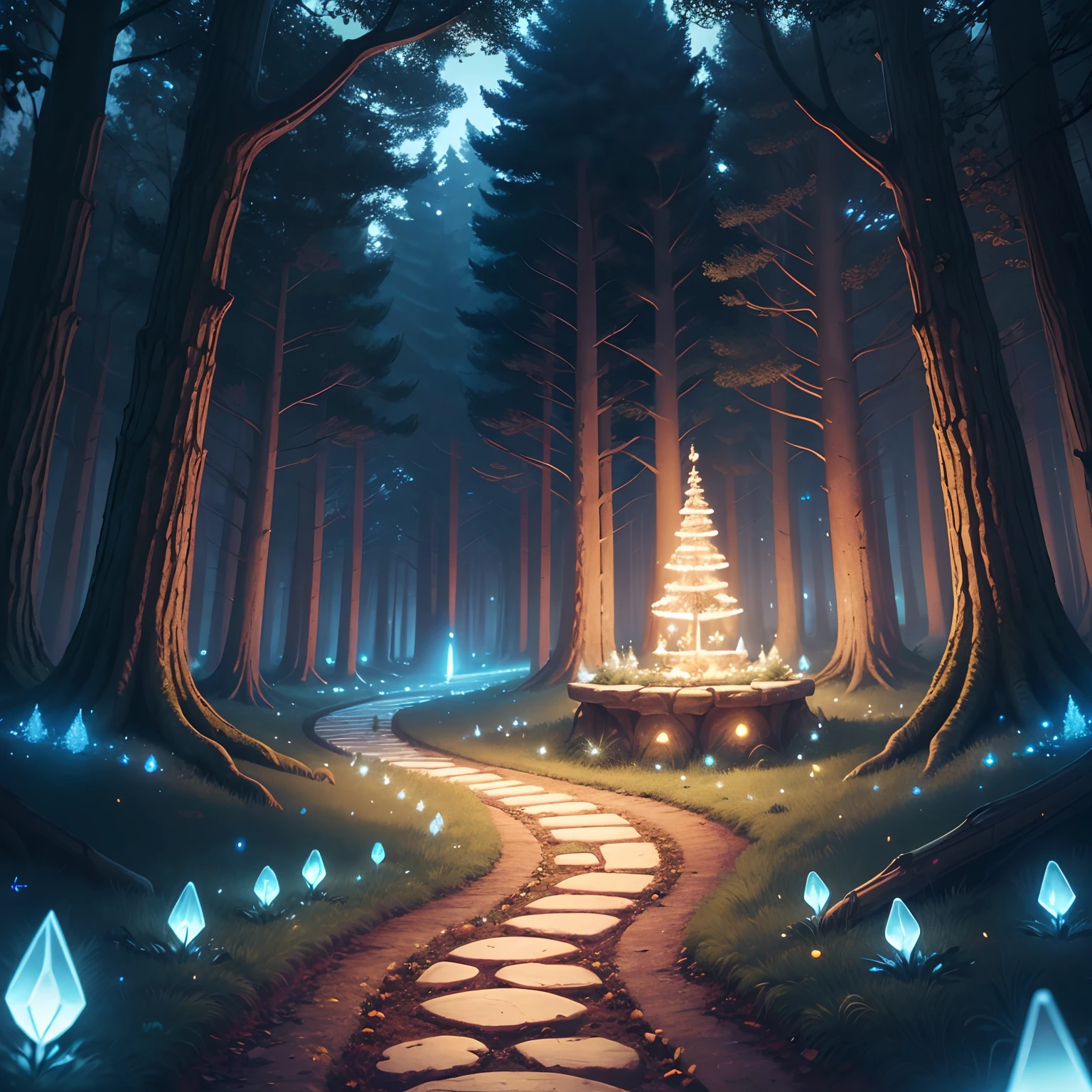 An elegant and intricate scene of a fantasy magical forest filled with glowing lights, with smooth curves and sharp focus, stone footpath, printable, vector t-shirt design --auto