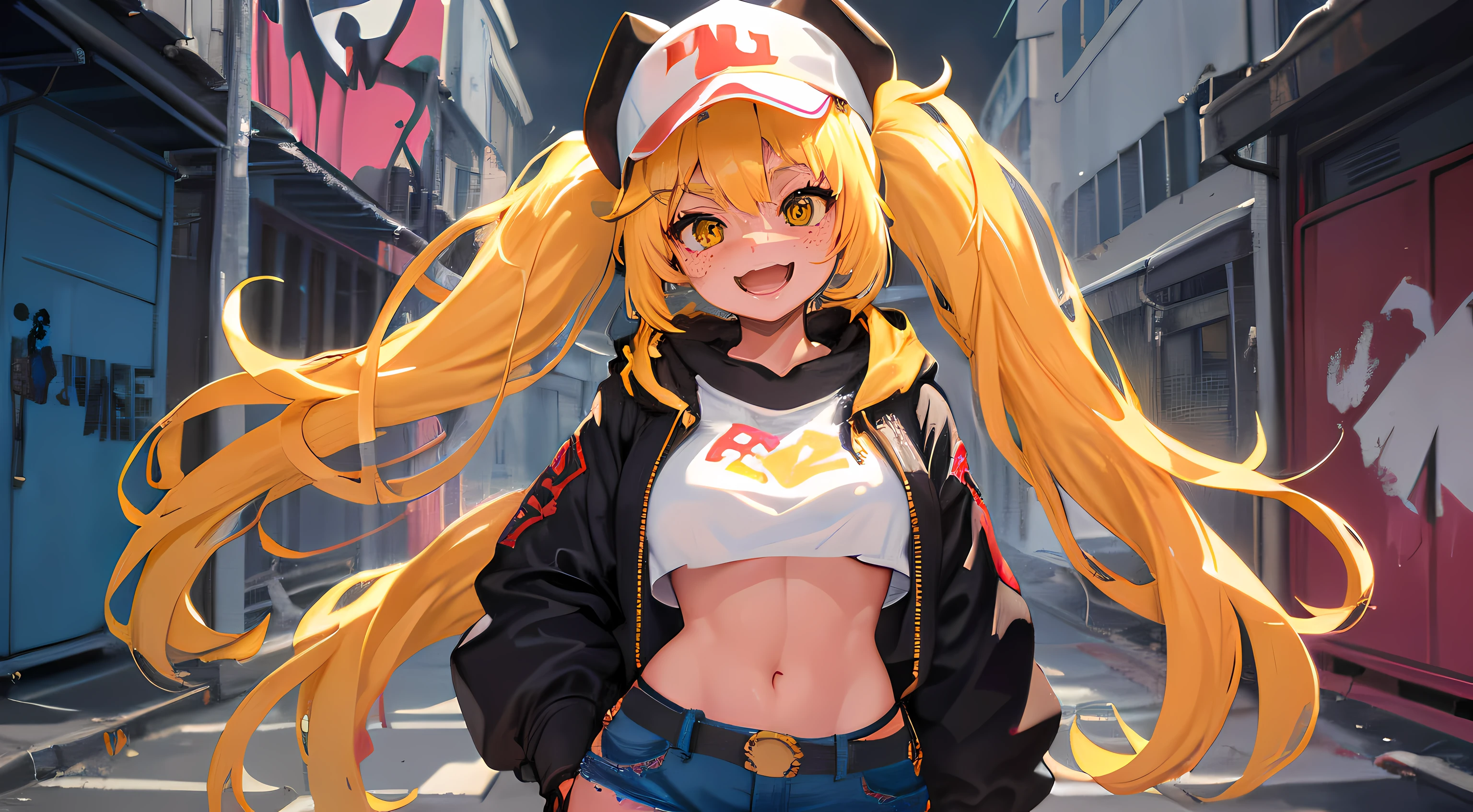 Original Character, Volumetric Lighting, Best Shadows, Shallow Depth of Field, Portrait Of Stunningly Beautiful Girl, Petite, Delicate Beautiful Attractive Face With Alluring Yellow Eyes, Messy Painted Face, Sharp Eyebrows, Broadly Smiling, Open Mouth, Fangs Out, Lovely Medium Breasts, Layered Long Twintail Blond Hair, Blush Eyeshadow, Thick Eyelashes, Applejack Hat, Oversized Pop Jacket, Mini Underboob Tee, Open Navel, Slim Waist, Denim Jeans Pants, With Buckle Belt, In The Graffiti Alley, Waste Container, Outside Stairs, Outdoor Unit, Holding Spray Paint Can, Standing, (Highest Quality, Amazing Details:1.25), (Solo:1.3), Brilliant Colorful Paintings, anatomically correct, yellow wall,