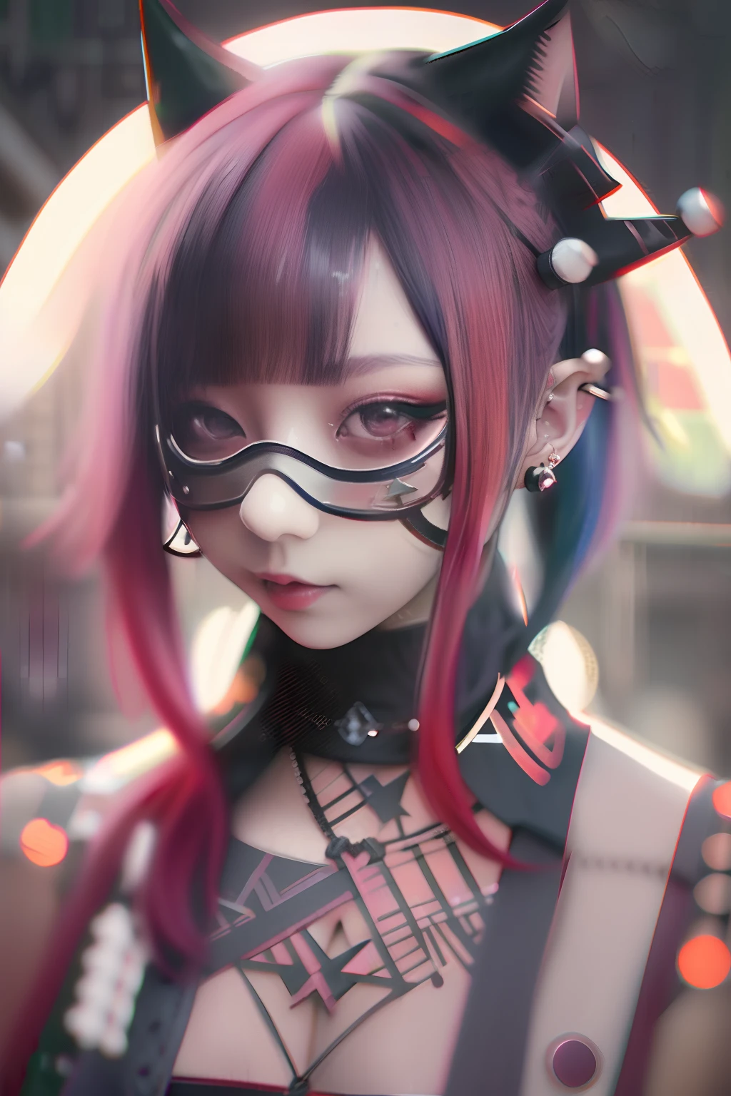 Sleeveless、tattoo、bob cuts、bright red、Really red、Red、Red-haired、rot、red hairs、head phone、🎧、goth_punk, 1girl in, 独奏, medium shot, Walking in Harajuku, ((during night)), bokeh dof, Neon light, Iridescent eyes, starrysky, red glowing hair, Black eyebrows, Radiant hair, (iridescent red hair), 耳Nipple Ring, bangss, jewely, masks, bluntbangs, verd s eyes, Mouth mask, blurry backround, bblurry, hair adornments, Look at viewers, shorth hair, portraitures, side locks