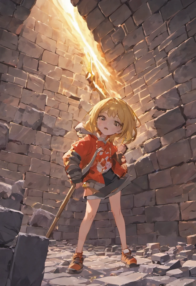 Chest gravel in the chest of a lying person,Put a large rock,Another smashed the boulder with a sledgehammer。A girl is performing a broken cheststone,((The girl lay flat on the table)),(desks),(A whole huge square brick),(Huge square bricks pressed against the girl),Blood appeared at the corner of the girl's mouth,A boy picks up a hammer,Smashed on the stone bricks on the girl's body,The huge stone bricks were cracked by the impact,(huge hammer)。