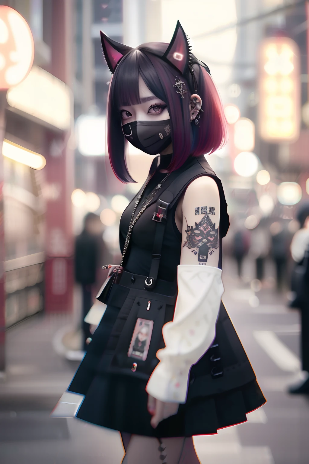 Sleeveless、tattoo、bob cuts、bright red、Really red、Red、Red-haired、rot、red hairs、head phone、🎧、goth_punk, 1girl in, 独奏, medium shot, Walking in Harajuku, ((during night)), bokeh dof, Neon light, Iridescent eyes, starrysky, red glowing hair, Black eyebrows, Radiant hair, (iridescent red hair), 耳Nipple Ring, bangss, jewely, masks, bluntbangs, verd s eyes, Mouth mask, blurry backround, bblurry, hair adornments, Look at viewers, shorth hair, portraitures, side locks