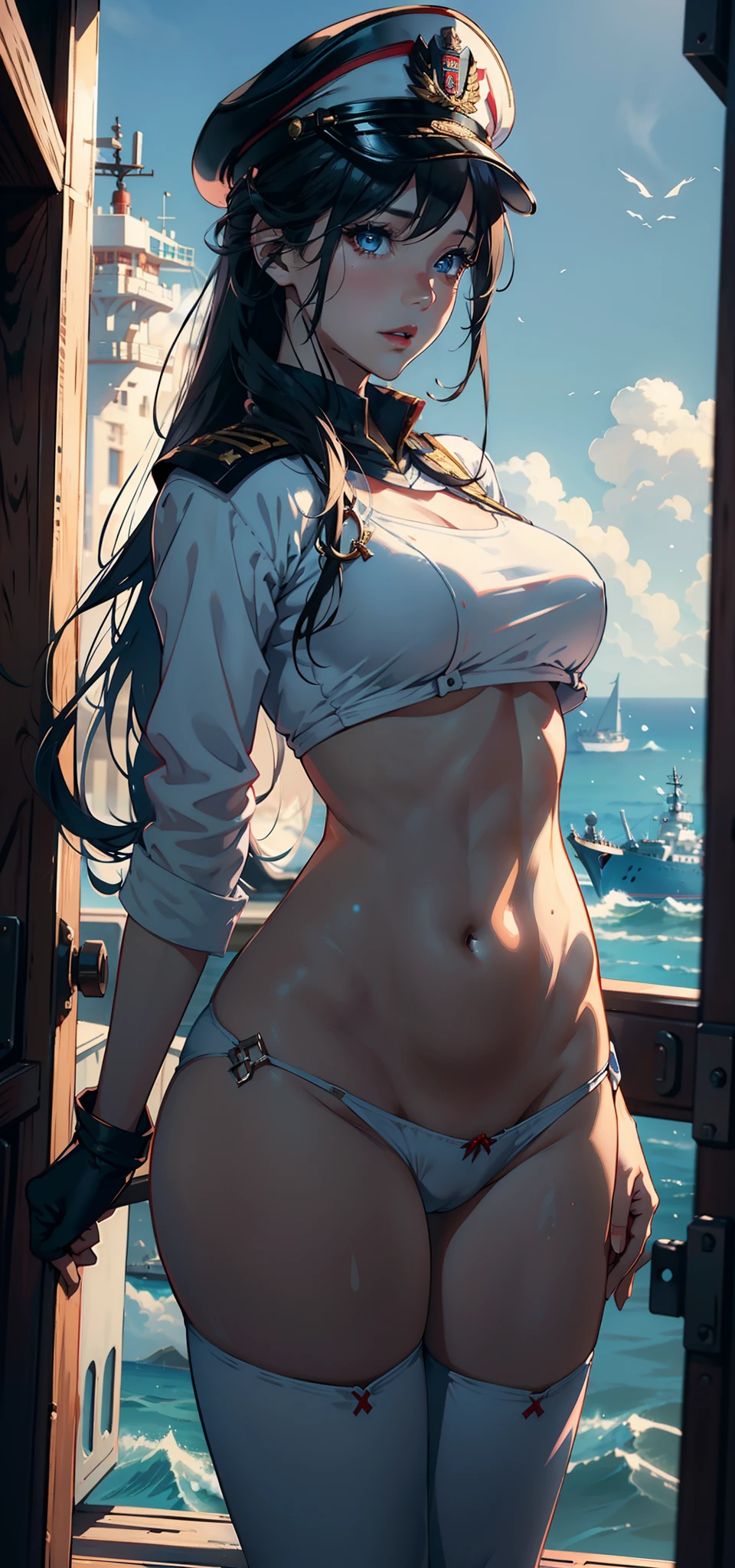 1female,23years old, 独奏,(Background with:the sea,battleships,warships,at winter season,Blizzarding,ships) She has very short black hair,bobo head,Stand on a warship,,seen from the front, hair straight, mostly cloudy sky,(((tmasterpiece),(Very detailed CG unity 8K wallpaper),best qualtiy,cinmatic lighting,detailed back ground,beatiful detailed eyes,Bright pupils,Blue eyes,(Very fine and beautiful),(Beautiful and detailed eye description),ultra - detailed,tmasterpiece,)),facing at camera,A high resolution,ultra - detailed),Snow-white skin,Redlip,revealing breasts,Bare genitalia, Bulge,legs are open,Raised sexy,Camel toes,Flushed complexion,Desire for dissatisfaction,frontage,Soviet Navy,Officer's cap(Wearing:sailor uniformm,Bare breasts)