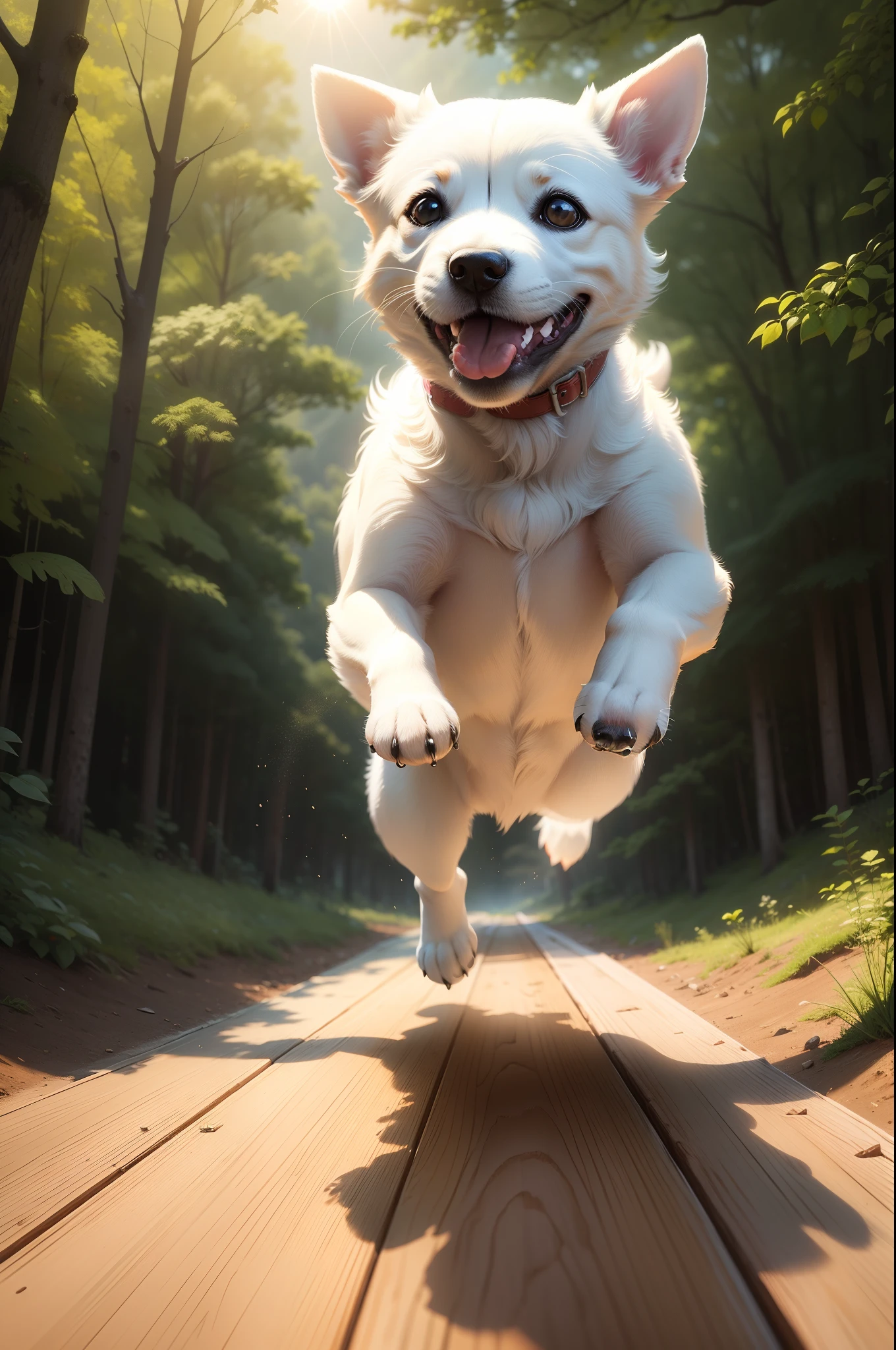 Close up portrait of dog running in forest with sun shining, happy dog, ( Dog ) jumps from mountain, ( Dog ) jumps over hill, Cute dog, high-quality wallpaper, jumping towards viewer, dog jumps over hill, leaping towards viewer, imagem hiperrealista, high-quality wallpaper, Very detailed photos of Happy, Jump for joy, White Jack Russell Terrier(a cute puppy)　realistic representation　8K,　(Like the real thing) A hyper-realistic　超A high resolution　super precision