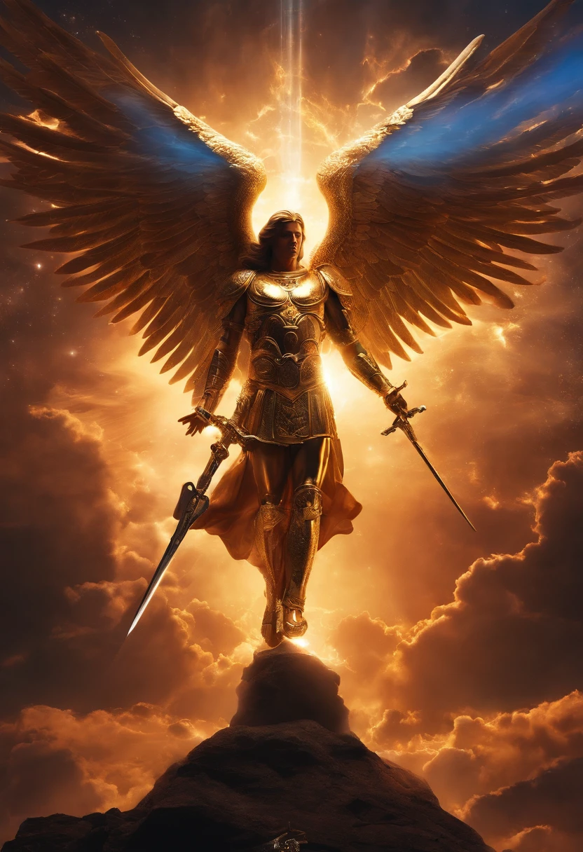 cosmic angel, depiction of St. Michael the Archangel, espada em punho, defensive position, olhos claros brilhantes, Biomechanicals, estranho, poderoso, Pesadelo, cores muito brilhantes, light particles, com luz brilhante, Mshiff, Arte do papel de parede, Papel de parede UHD