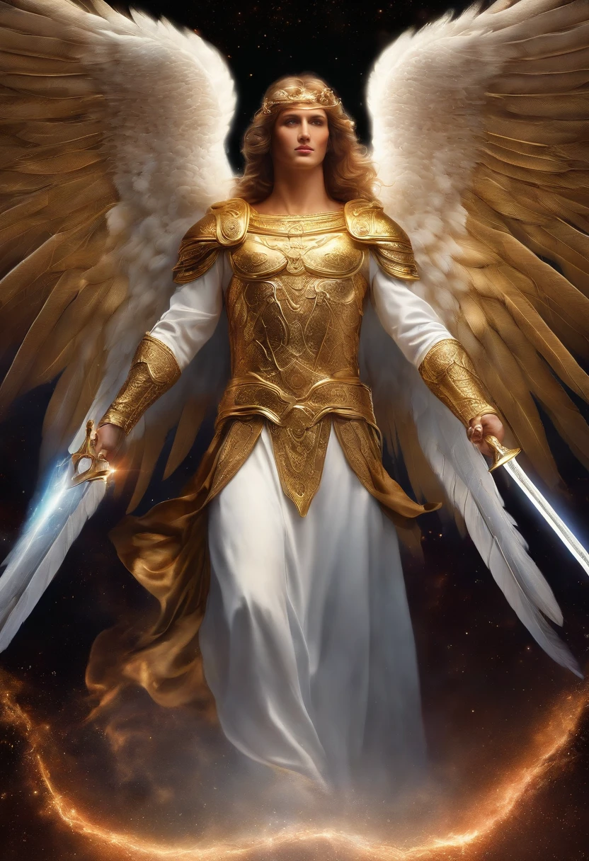 cosmic angel, depiction of St. Michael the Archangel, espada em punho, defensive position, olhos claros brilhantes, Biomechanicals, estranho, poderoso, Pesadelo, cores muito brilhantes, light particles, com luz brilhante, Mshiff, Arte do papel de parede, Papel de parede UHD