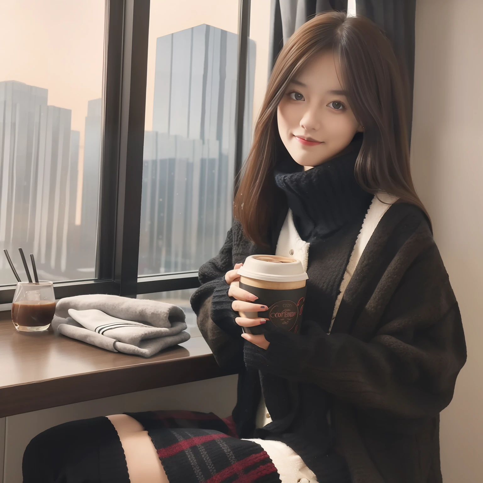 Indoors, Portrait, 25 year old woman holding coffee cup, Black cropped knitted cardigan, arms are:1, Dark red narrow skirt with black plaid pattern, Black Knee High Suede Boots, Standing next to the office window