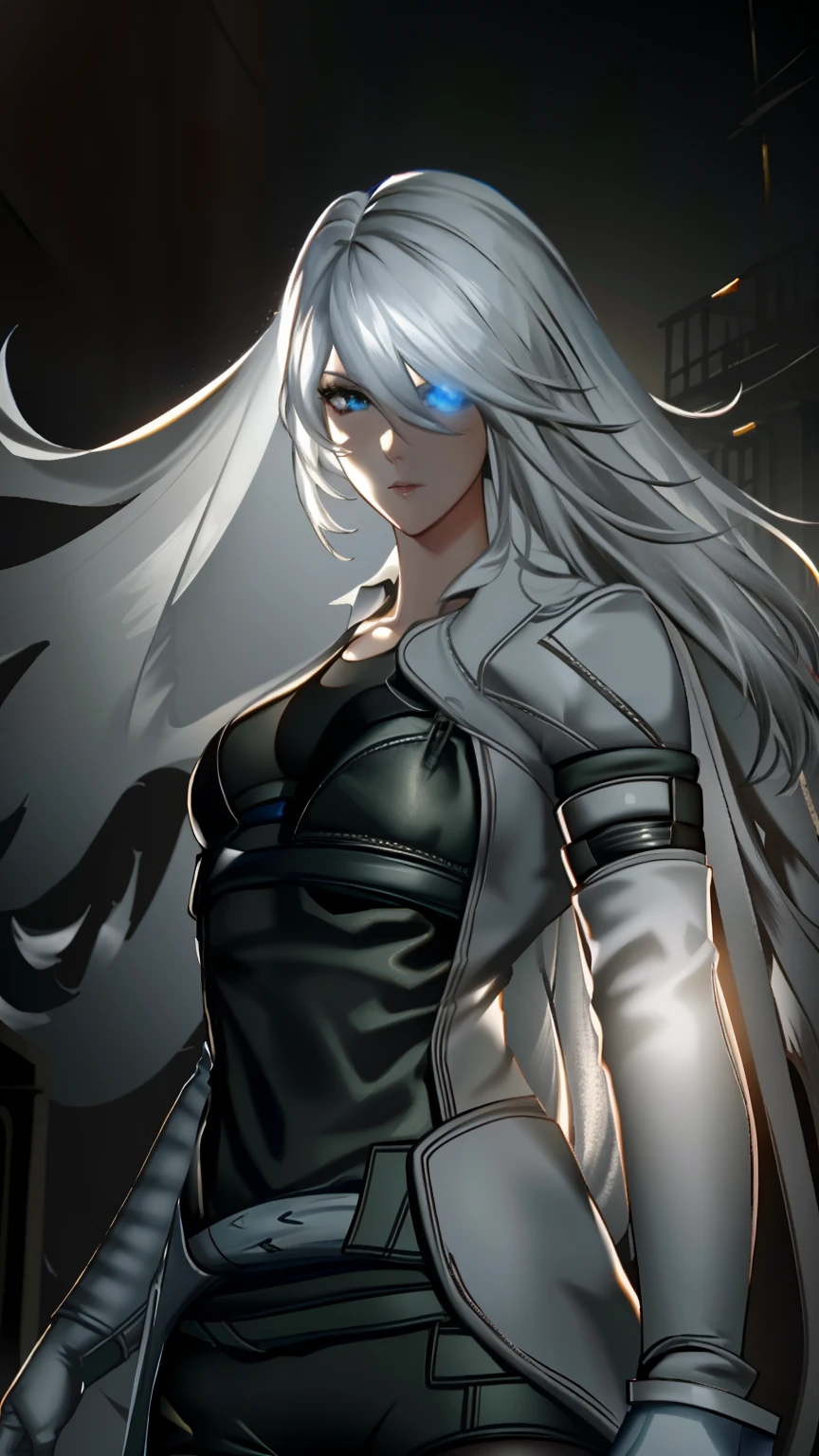 anime girl with white hair and blue eyes holding a sword, tifa lockhart with white hair, nier, nier autoamata, nier inspired, nier 2 b, white haired deity, nier:automata inspired, nier : automata inspired, fanart best artstation, girl with white hair, highly detailed exquisite fanart, artbook artwork