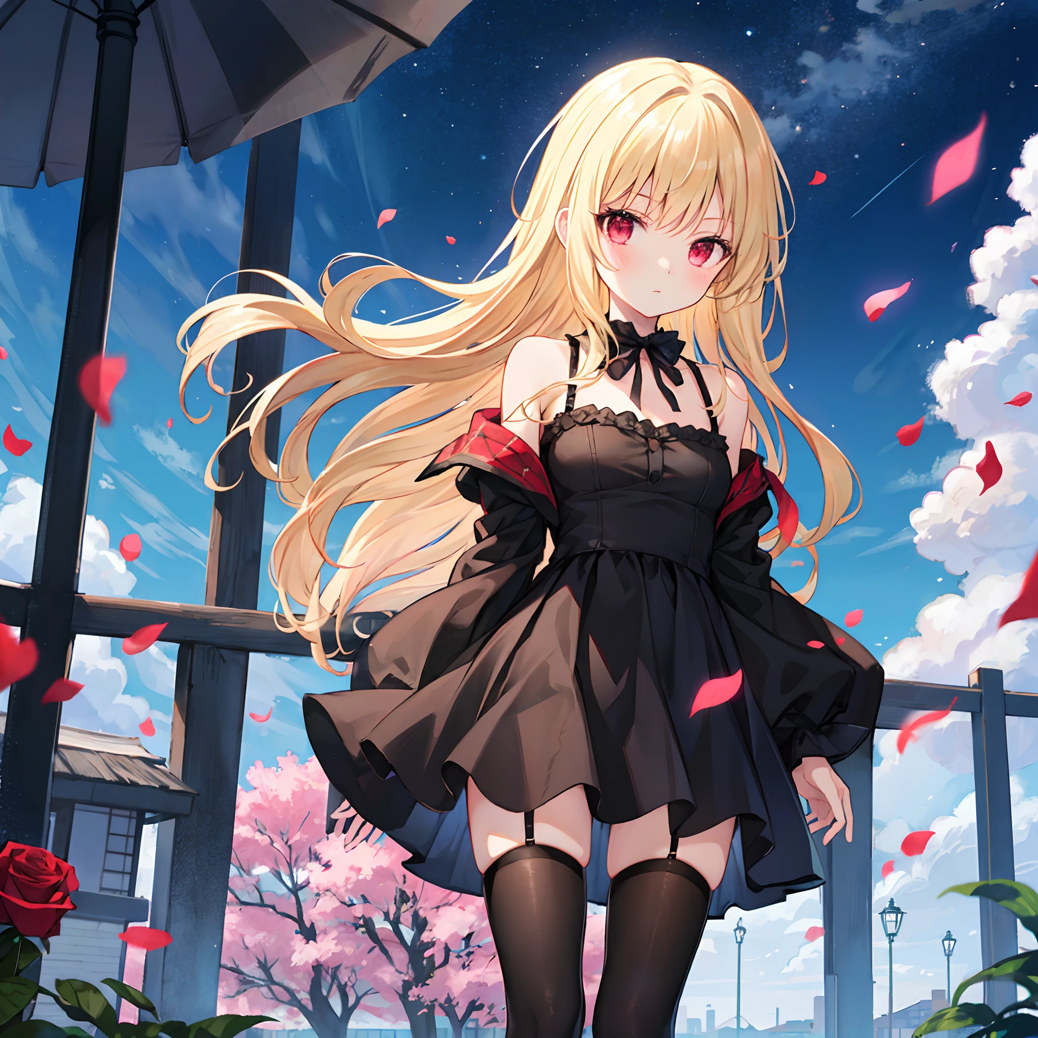 Wavy blonde、red eyes、Beautiful girl alone、Black fluffy dress、off shoulders、a miniskirt、Black tights、Park of Roses