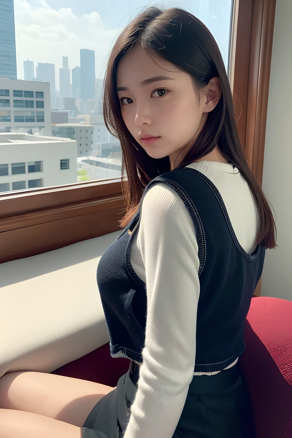 1girl, beautiful 18-year-old girl, vest, bow, sleeping by the couch, photo, realistic, best quality, hires, detailed face, office, buildings from window, detailed background, diffused sunlight, depth of field, bokeh, by lee jeffries, nikon d850, film stock photograph ,4 kodak portra 400 ,camera f1.6 lens ,rich colors ,hyper realistic ,lifelike texture, dramatic lighting, cinestill 800