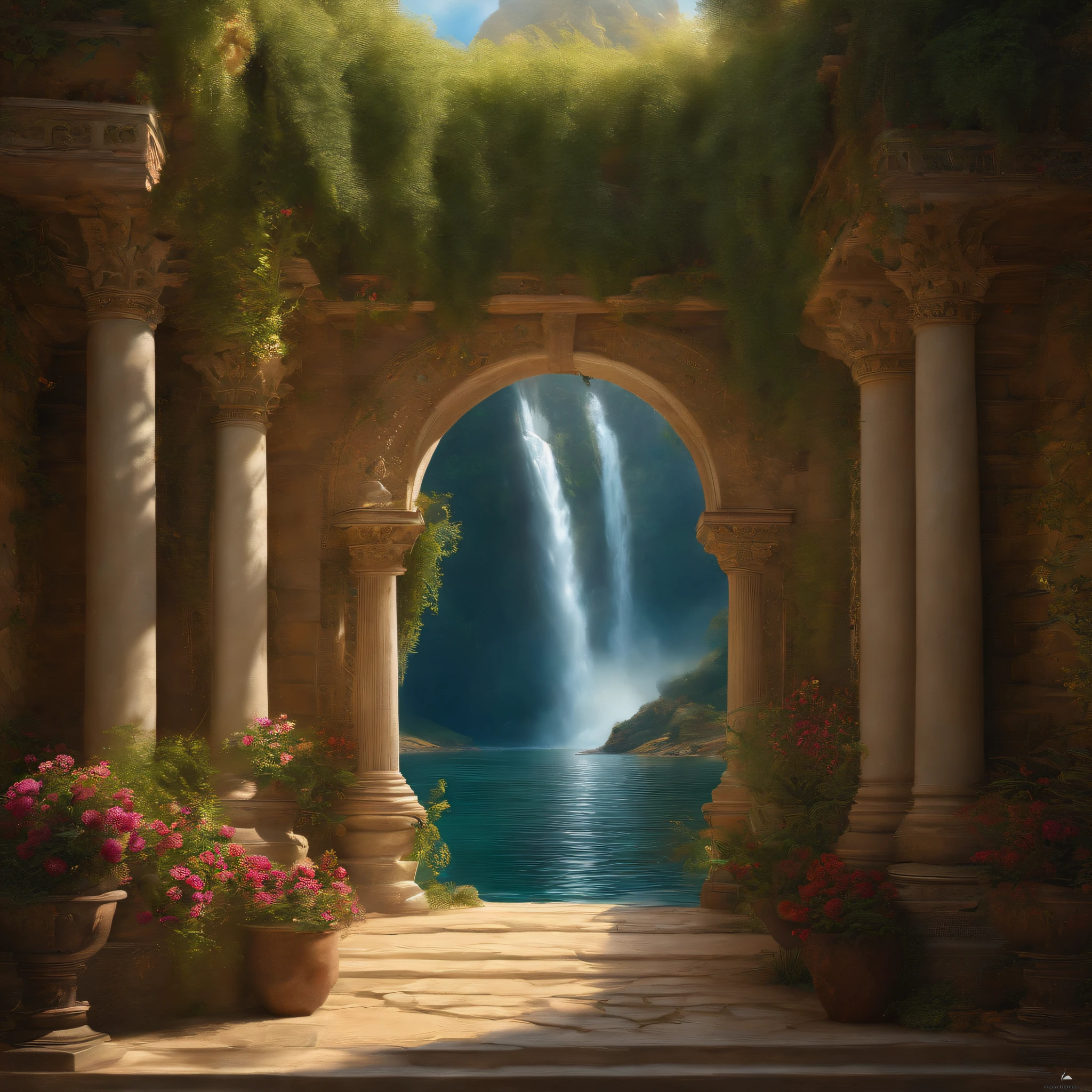 Paysage magique,Mysterious ,(Highly detailed CG Unit 8k wallpaper), The most beautiful work of art in the world, Professional majestic oil painting, complexe, High detail, mise au point nette, dramatique, Art of photorealist painting, Alma Tadema