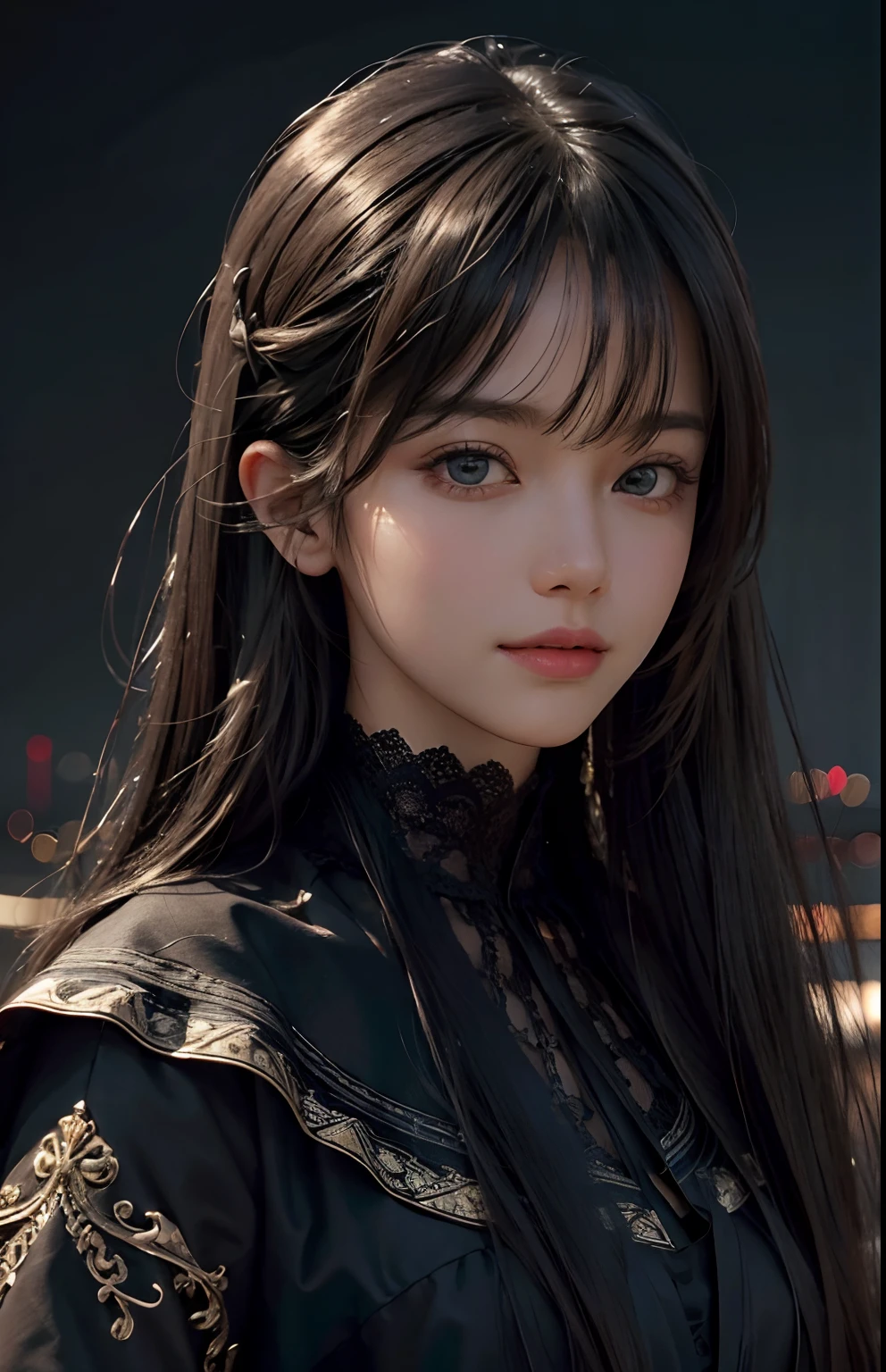 (Ultra Realistic), (Illustration), (Increased Resolution), (8K), (Extremely Detailed), (Best Illustration), (Beautiful and Detailed Eyes), (Best Quality), (Ultra Detailed), (Masterpiece ), ( wallpaper), (detailed face), solo, 1 girl, looking at viewer, fine details, detailed face, in the dark, deep shadows, low key, pureerosfaceace_v1, smiling, long hair, black shawl straight hair , 46 points oblique bangs