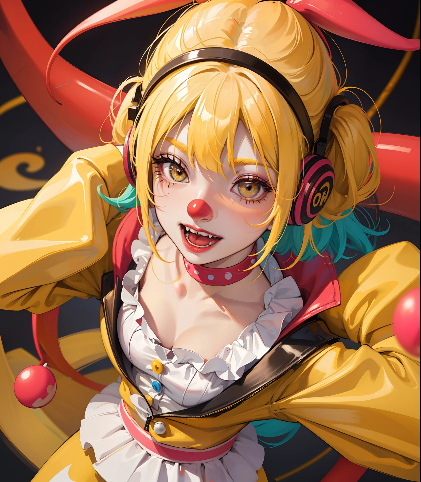 girl with yellow hair and yellow eyes, clown girl, clown makeup, circus vibes, high quality, pigtails, clown, red clown nose, colorful headphones, colorful circus and clown vibes, bangs, fangs, yellow eyebrows, fun pose, dynamic lights, red clown nose