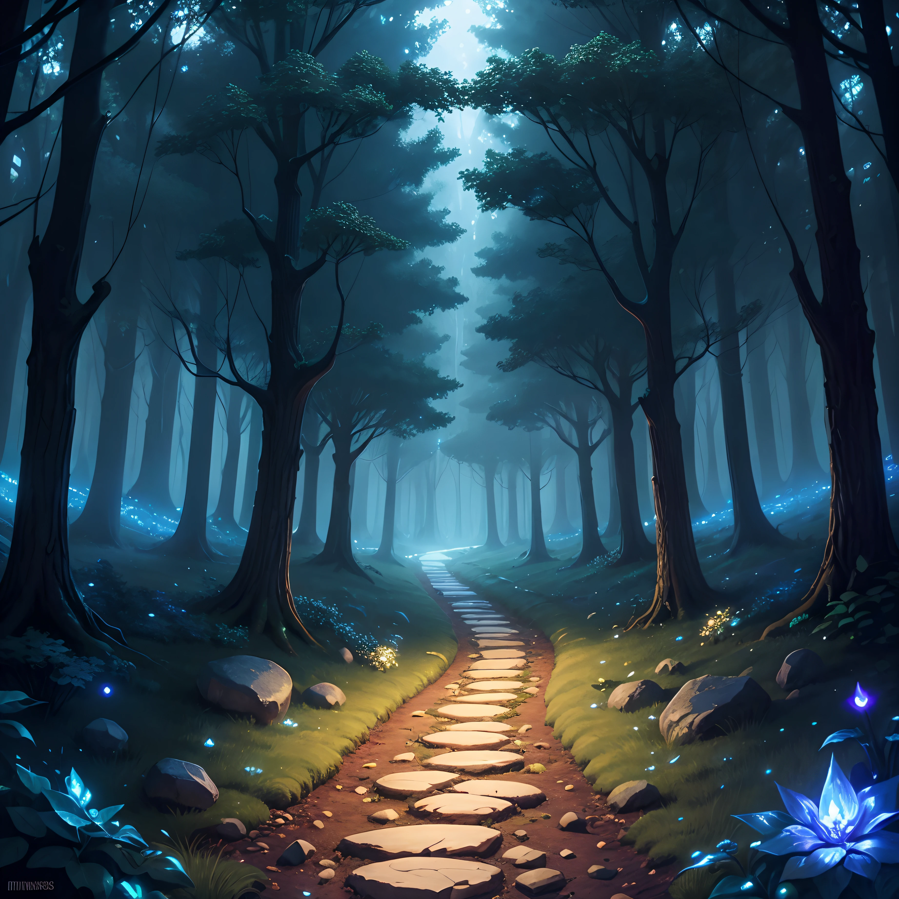 An elegant and intricate scene of a fantasy magical forest filled with glowing lights, with smooth curves and sharp focus, stone footpath, printable, vector t-shirt design --auto