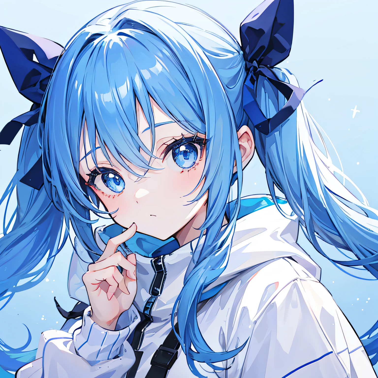 1girl, with light blue twintails hair and blue eyes, wearing a hair ribbon and a blue and white hoodie. The scene is set in winter, with the girl looking directly at the viewer. This image can be used as a profile picture.pose