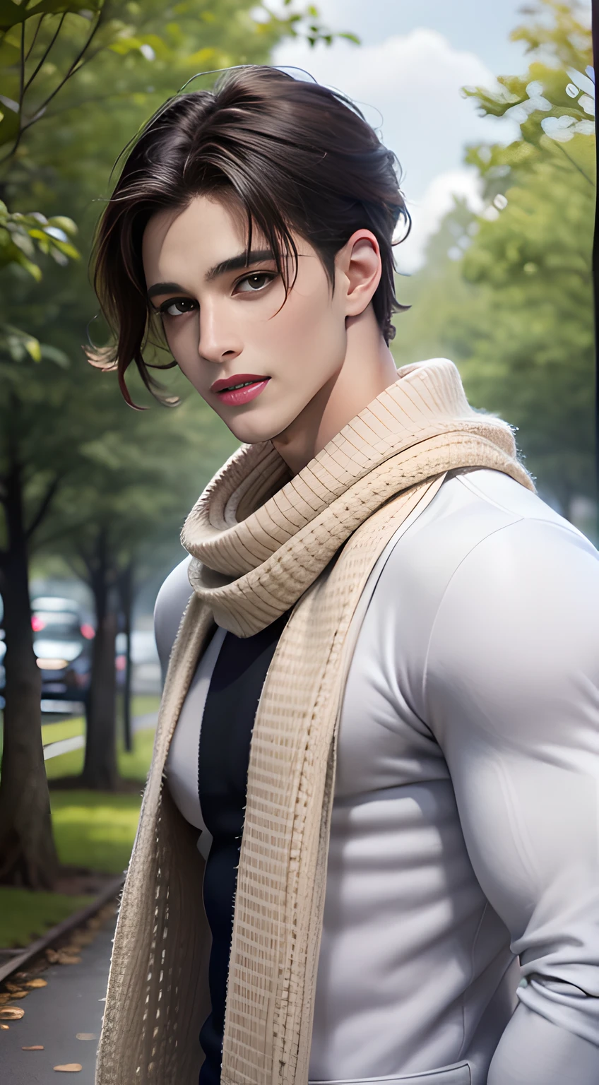 ((Men only)), (head shot), (look straight ahead), (having a white knit scarf wrapped around his neck), ((Pietro Boselli)), (Handsome muscle man in his 30s), (big Smile), (The trees have turned red), (detaile: 1 in 1), Natural muscles, HIG quality, beautidful eyes, (Detailed face and eyes), (Face、: 1 / 2), Noise, Real Photographics、... ...................................................................................................................PSD, Sharp Focus, High resolution 8K, realisitic & Professional Photography, 8K UHD, Soft lighting, High quality, Film grain, FujifilmXT3