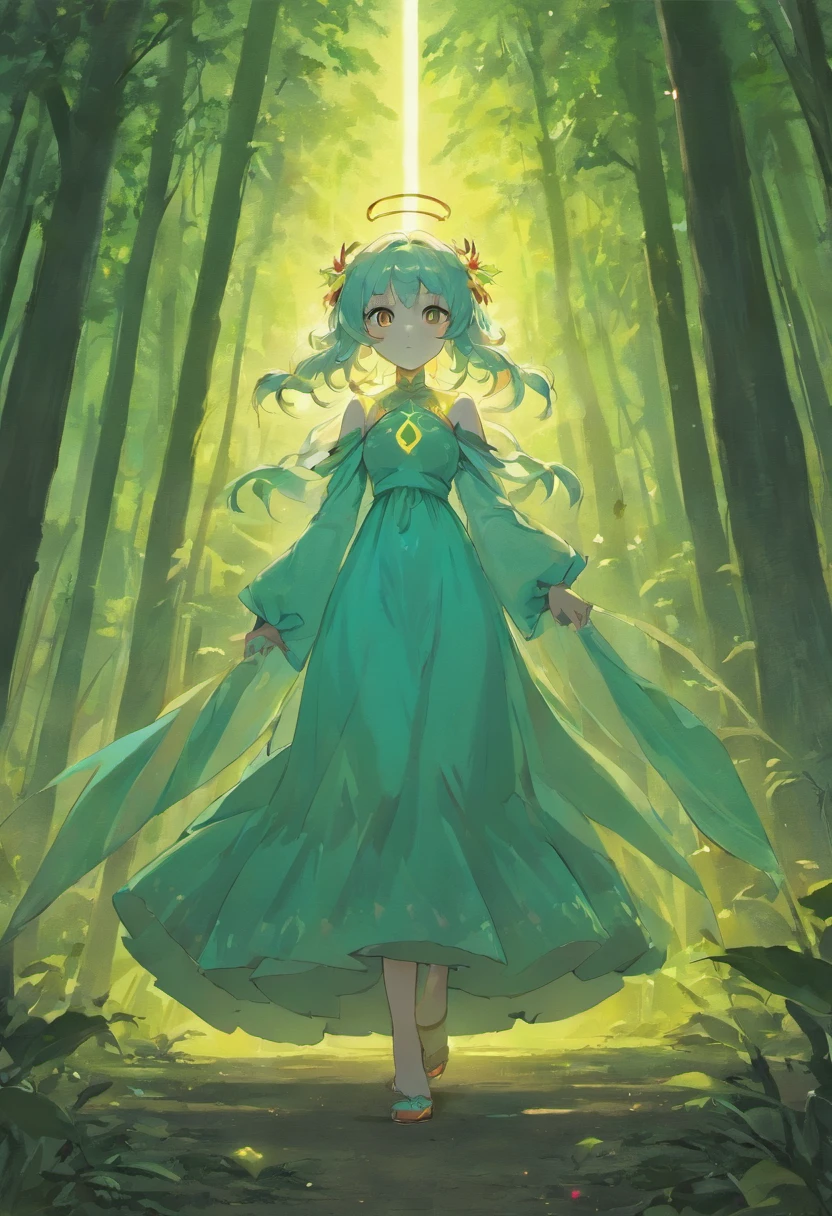 (Masterpiece, Best quality: 1.2), A girl in a long dress standing in the forest, with glowing red eyes, Phoenix, lotuses, Red gold pink, Sunrise over the mountains in the background,Pale white hair