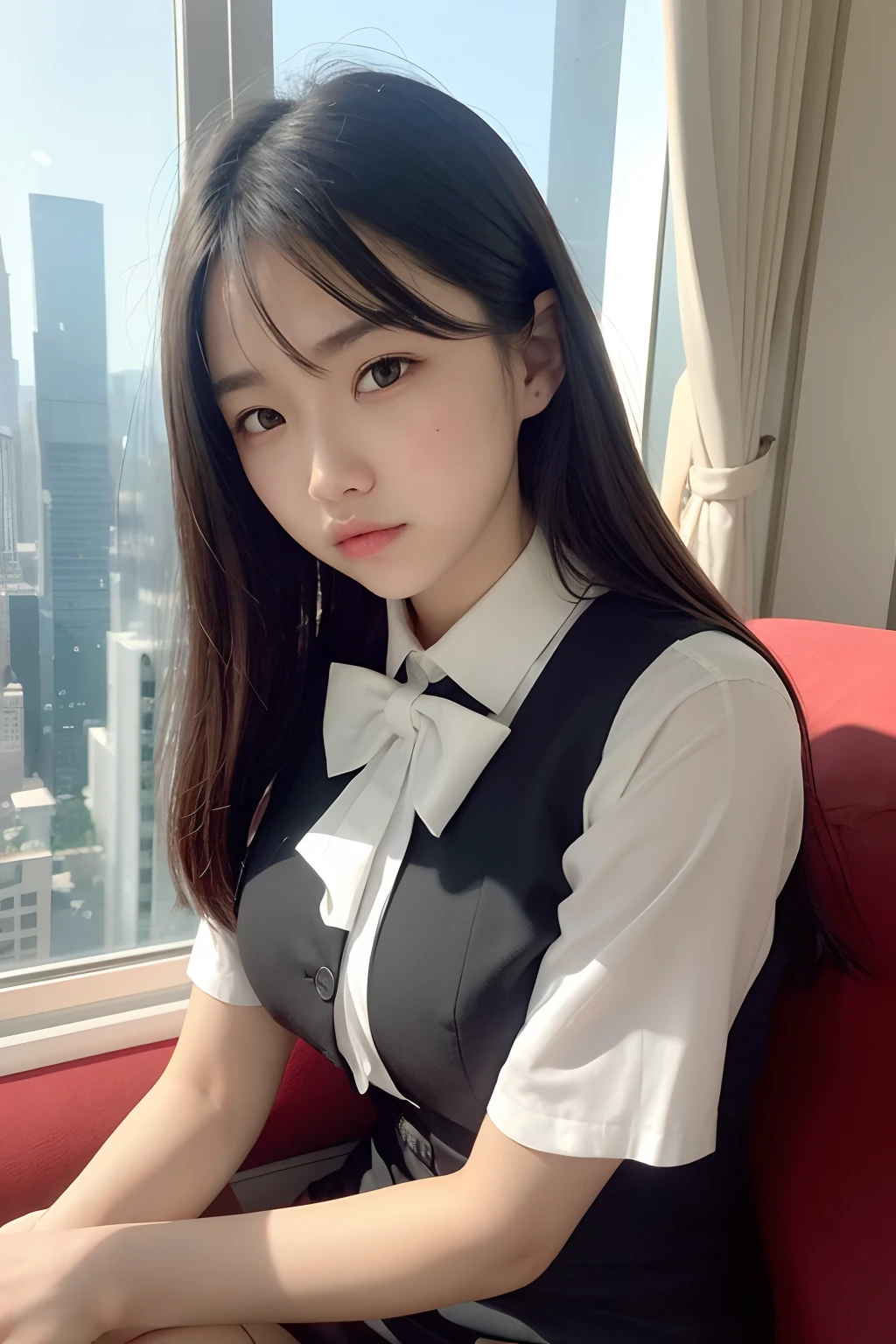 1girl, beautiful 18-year-old girl, vest, bow, sleeping by the couch, photo, realistic, best quality, hires, detailed face, office, buildings from window, detailed background, diffused sunlight, depth of field, bokeh, by lee jeffries, nikon d850, film stock photograph ,4 kodak portra 400 ,camera f1.6 lens ,rich colors ,hyper realistic ,lifelike texture, dramatic lighting, cinestill 800