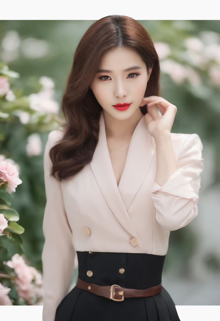 Gentle and beautiful woman, half-body photo, delicate sexy collarbone, charming oval face, Double eyelids, smart peach blossom eyes, Pink lips, a small nose, bare shoulder, focused face, face closeup, Hyper HD, Super detailing, Elegant standing, Black British Preppy Double Breasted Casual Rouge Korean Blazer, Worn with a black pleated skirt suit, Do it in background studio colors