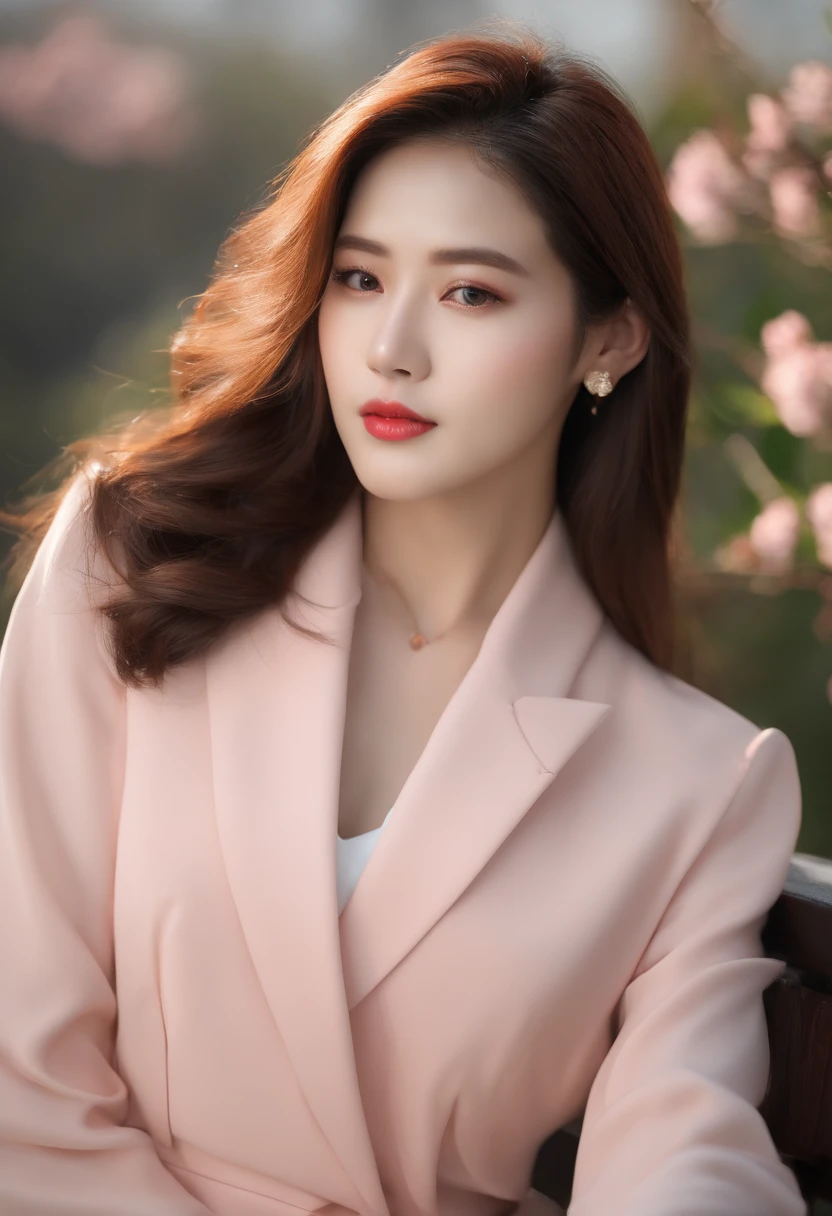 Gentle and beautiful woman, half-body photo, delicate sexy collarbone, charming oval face, Double eyelids, smart peach blossom eyes, Pink lips, a small nose, bare shoulder, focused face, face closeup, Hyper HD, Super detailing, Elegant standing, Black British Preppy Double Breasted Casual Rouge Korean Blazer, Worn with a black pleated skirt suit, Do it in background studio colors
