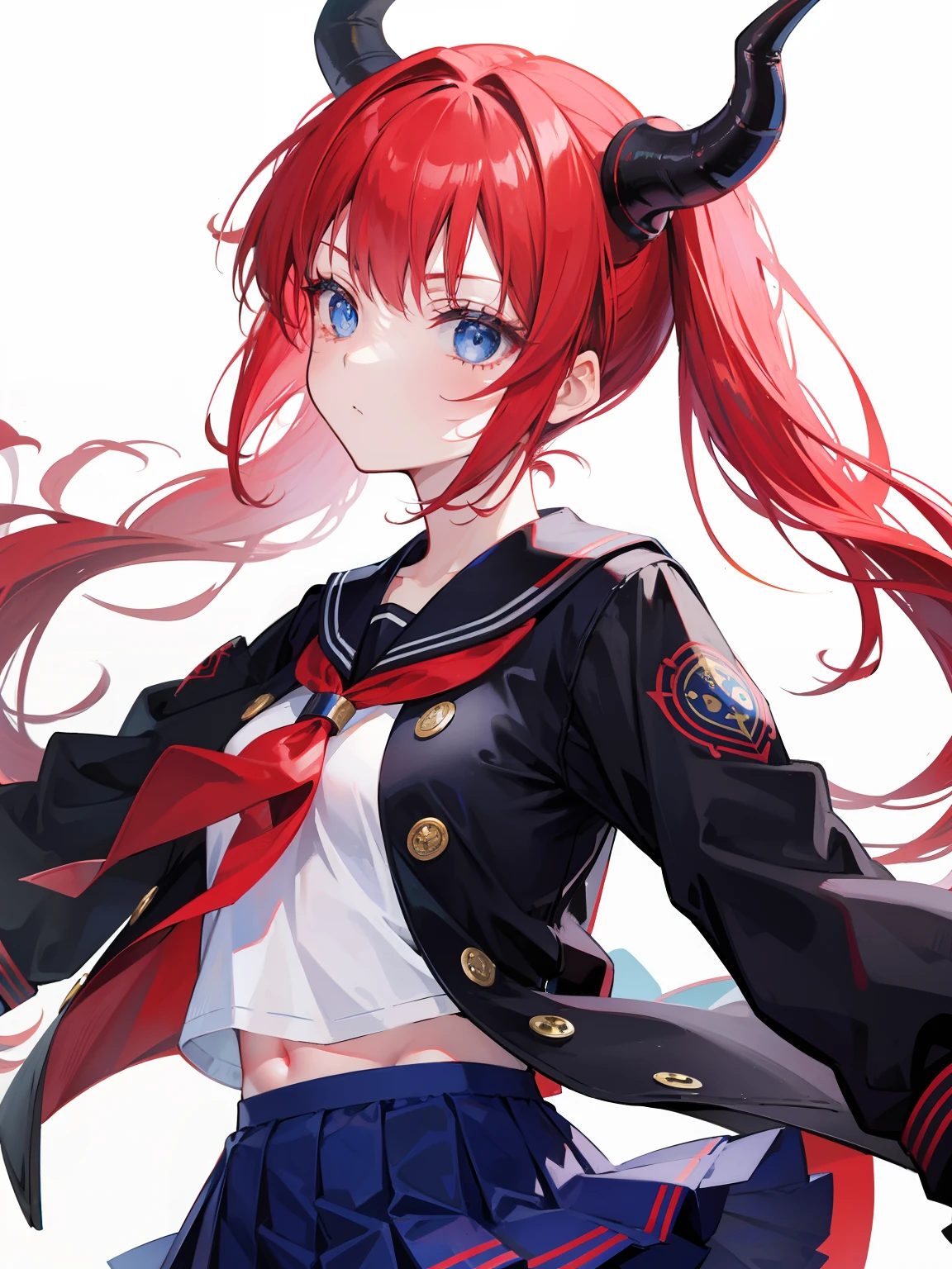 red hair, blue eyes, twintails, Sailor suit,black coat, Dragon horns,Pleated skirt,solo,bow