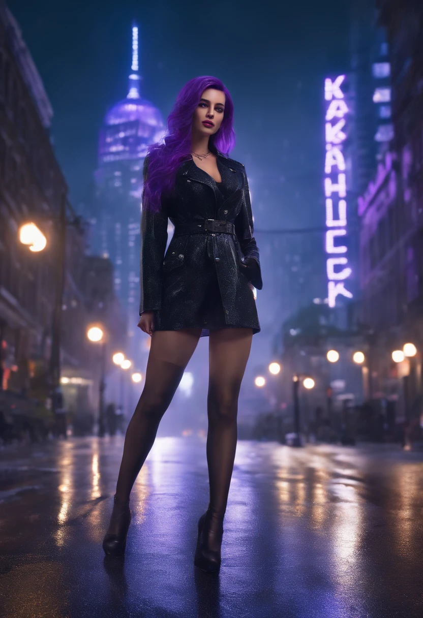(1girll), Masterpiece, Photorealistic, 8K, (Realistic: 1.2), full bodyesbian, view the viewer, Pantyhose, Purple hair, (KafkaHKS: 1.2), Walking, Beauty, (Medium breasts: 1.2) Night, Night sky, City, Cityscape, rain, (Dramatic: 1.2)