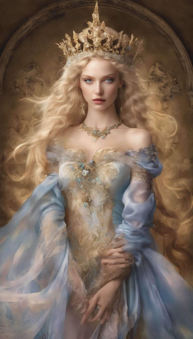 Art by Luciano Ventrone feat Marek Okon under influence of Alberto Seveso inspired by Albrecht Dürer , zbrush central contest winner, Photorealistic style full body portrait of embodiment of sensuality and desire, beautiful noble face, Caucasian blonde goddess of sin, gorgeous feminine figure, slim trained body, perfect breast, cubby lips, mystic background, fantasy transparent outfit by Jean Paul Gaultier feat Muccia Prada, iced blue eyes, a lovely crystal embellished, goddess beautiful body, masterpiece, transparent,(stance:1.1),dramatic lighting