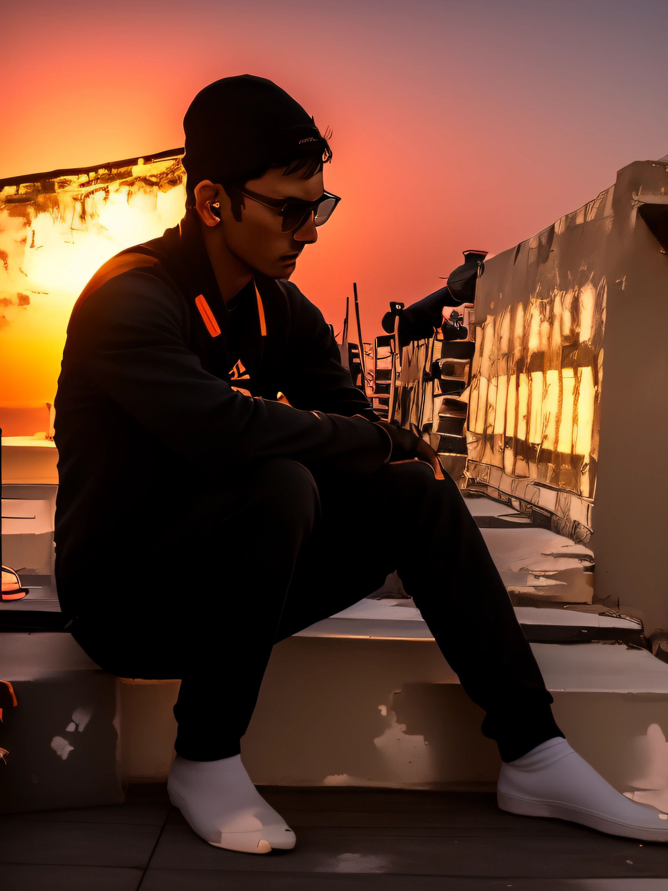 there is a man sitting on the steps of a building, with sunset, chill time. good view, during sunset, with a cool pose, candid picture, very very low quality picture, sits on a rooftop, very artistic pose, taken with sony alpha 9, taken with canon 8 0 d, on rooftop, during a sunset, with lovely look, very cool pose