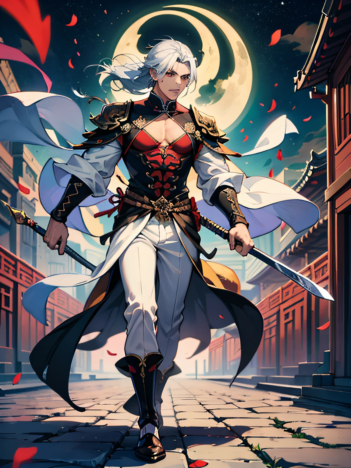 Adult Male,strong,black in color,Silvery hair,The corners of the mouth are raised,wind swept hair,Determined eyes,White costume,Gorgeous accessories,He held a large red knife in his hand,There are tigers behind them,There is magic smoke around you,fov,f/1.8,tmasterpiece,Ancient Chinese architecture,the night,Petals flying,Front full body shot,Side lighting,Moonlight shines on people,8K