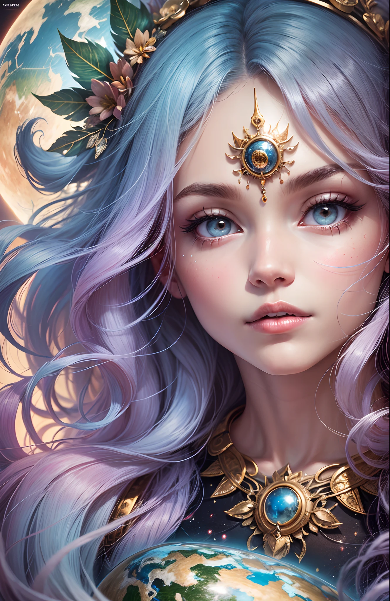 Goddess of planet earth, Woman with planet earth floating in her hands, tre hair, 8k, intricate details --auto --s2