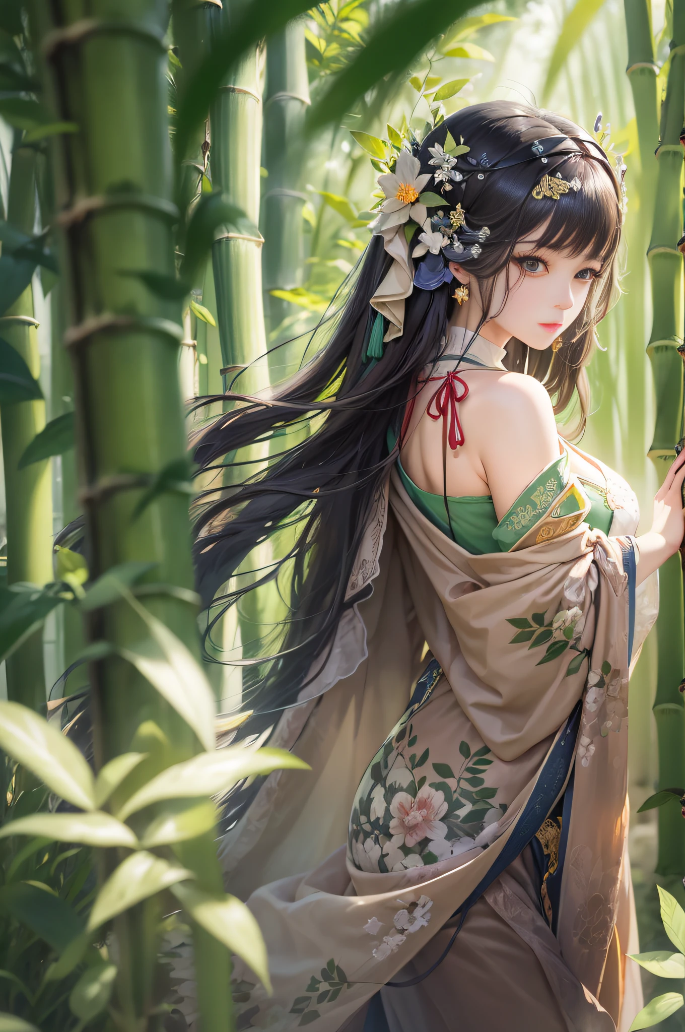 warmly lit，Smooth skin，Super light and shadow，tmasterpiece，In the sea of bamboo，Gentle eyes，（Sunshine 1.2）The sun shines on the face through the bamboo forest，closeup cleavage，Green background，Long black haired girl in Chinese costume，There are delicate headdresses