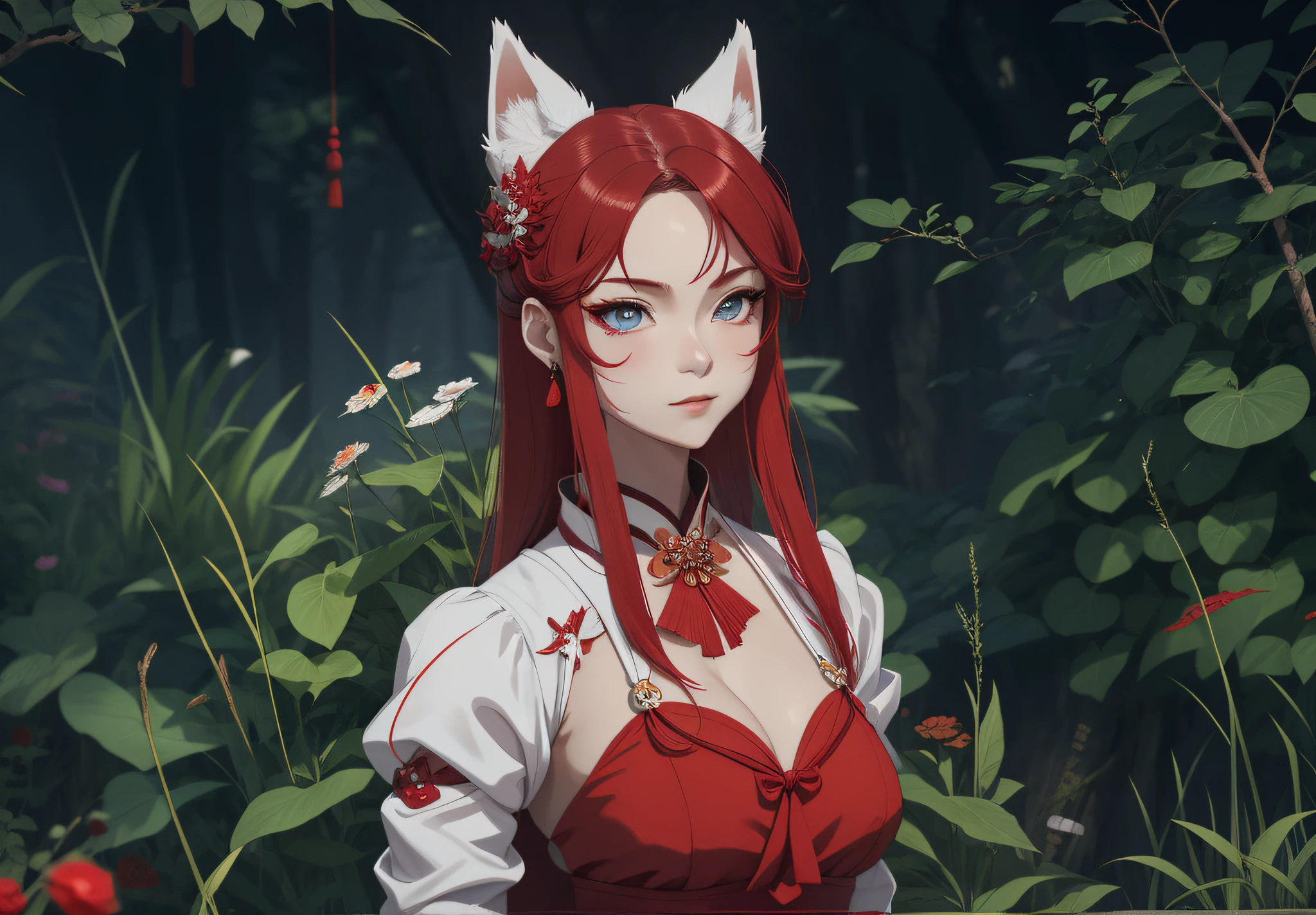 There was a man wearing a red bandeau dress，Woman with white fox ears, a beautiful fox lady, a beautiful kitsune woman, inspired by Ren Renfa, Kitsune, She has sky-blue eyes。