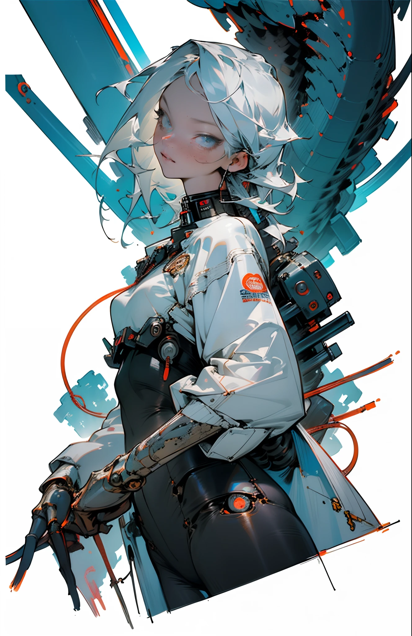 (masterpiece, top quality, best quality, official art, beautiful and aesthetic:1.2), (1girl:1.3), extreme detailed,colorful,highest detailed ((ultra-detailed)), (highly detailed CG illustration), ((an extremely delicate and beautiful)),(from side),cinematic light,((1mechanical girl)),solo,full body,(machine made joints:1.2),((machanical limbs)),(blood vessels connected to tubes),(mechanical vertebra attaching to back)expressionless,(wires and cables attaching to neck:1.2),(wires and cables on head:1.2)(character focus),science fiction, tubes on background, machines are attached to joints, white hair, white skin, looking at viewer, gun in hand, copper, bronze, (black tights, ) perfect anatomy, blue eyes, monster finger, monster face