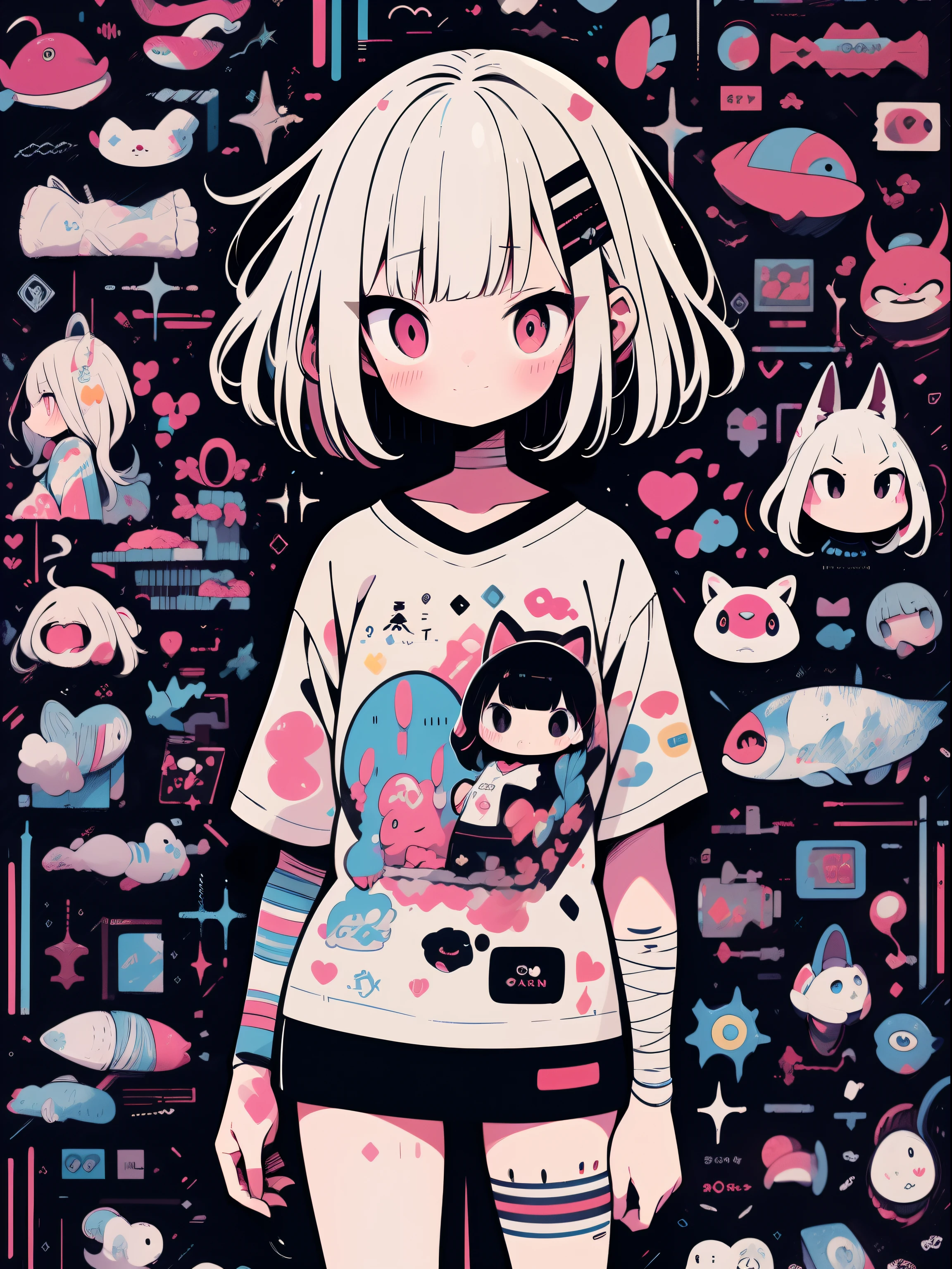 hightquality、neon color palette、high-level image quality、Kawaii Girl、Unprecedented amount of drawing、anime styled、Geometric pattern background、sticker style、short hair、dark hair、brown eyes, messy hair, menhera, bandages, loose clothing, baggy t-shirt, self harm, ????, dark, depressed, eye bags, heavy eyes, dark eyes, blood, creepy, eroguro