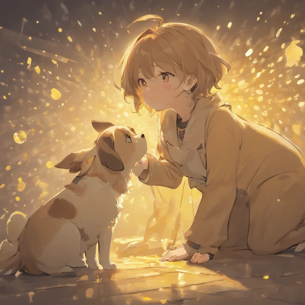A white and brown puppy plays with a glowing polka dot next to its owner,A 27-year-old man,pale brown hair;