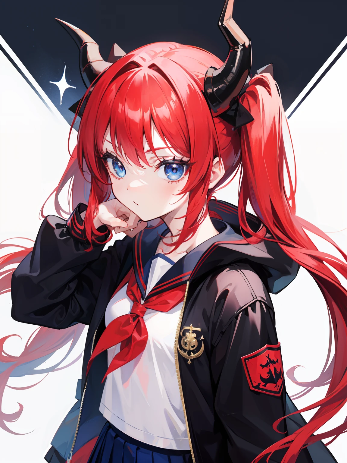 red hair, blue eyes, twintails, Sailor suit,black coat, Dragon horns,Pleated skirt,solo,bow