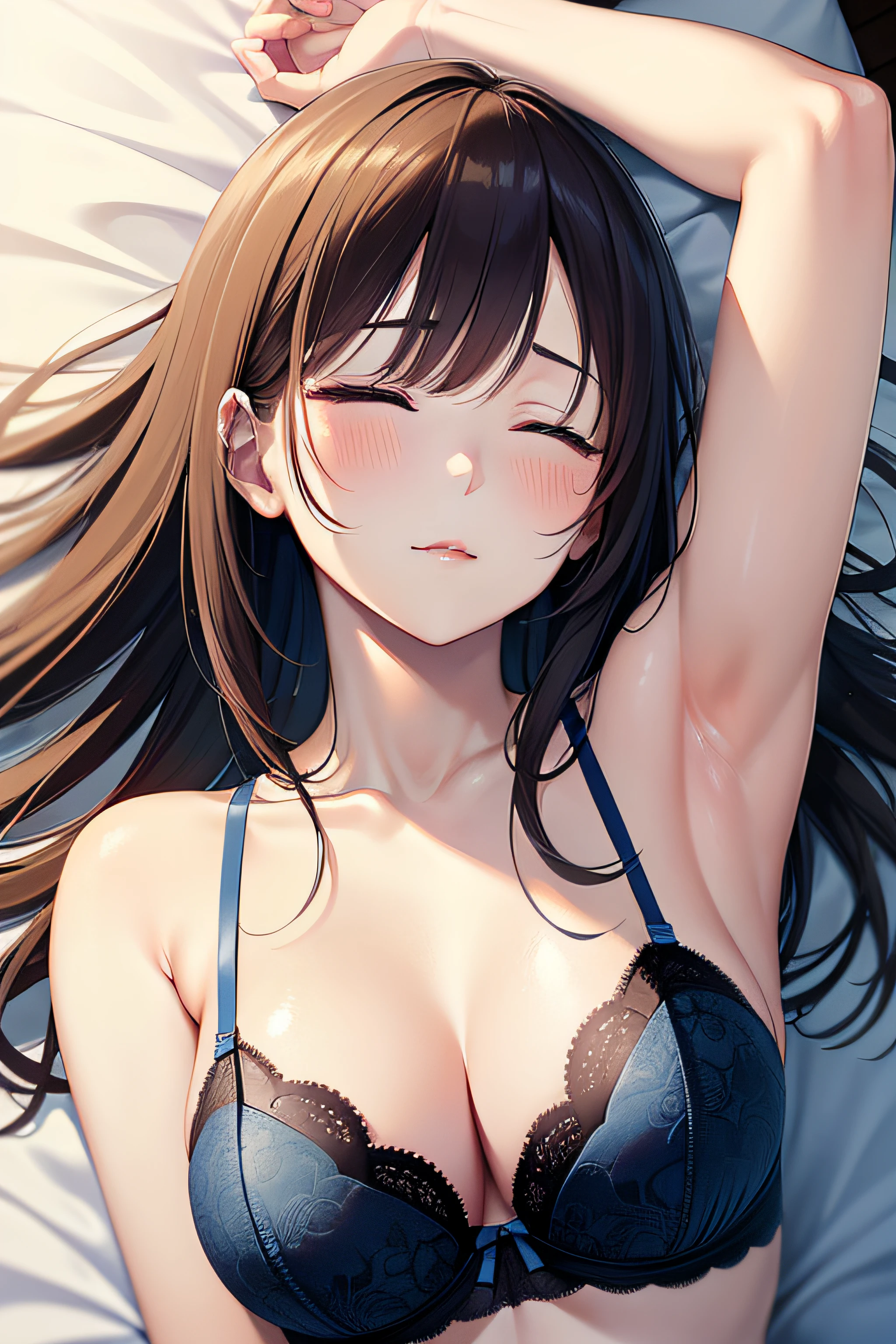 (((masterpiece, best quality, highres, UHD, perfect pixel, depth of field, 4k, RTX, HDR))), 1girl, single, solo, beautiful anime girl, beautiful artstyle, anime character, 24 years old, ((long hair, bangs, dark brown hair)), ((detailed face, blushing:1.2)), ((smooth texture:0.75, realistic texture:0.5, anime CG style)), ((medium breasts, cleavage)), indoor, bedroom, dynamic angle, busty, perfect body, dynamic pose, armpit, single hands up, ((fall asleep on the bed, supine, sleep beauty, closed eyes, closed mouth)), ((close up, POV, cute, shot on face)), ((blue bra, lingerie)), natural light