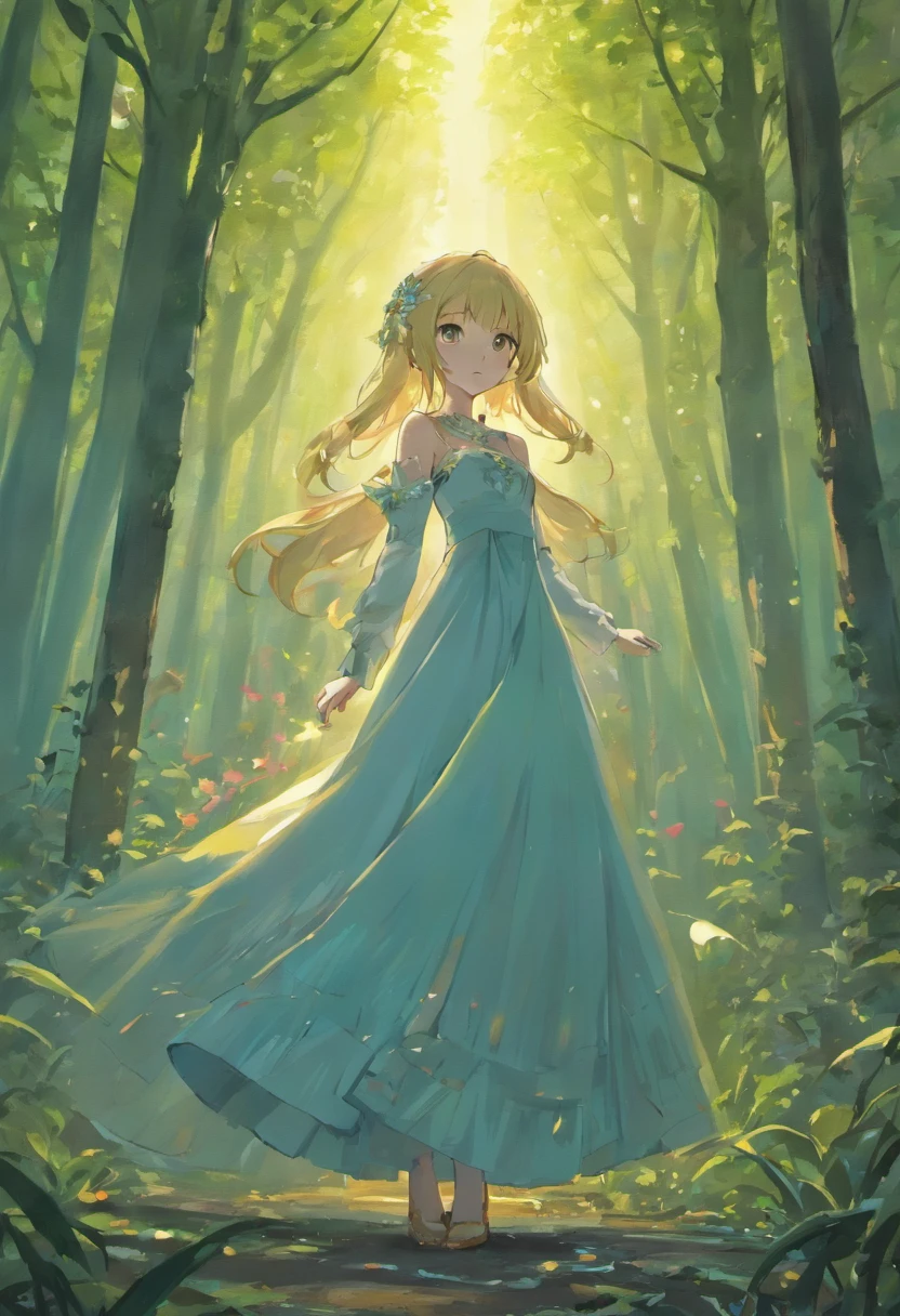 A girl in a blue dress walking through a forest - SeaArt AI