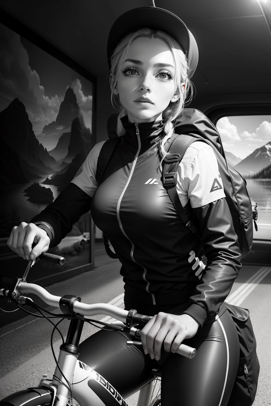 Black and white photographic realism style art,viagens de bicicleta na montanha por Caravaggio --ar 1:1 --s 1650 --q 500