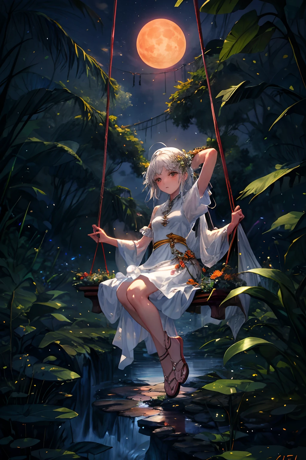 Expansive landscape photography,(The bottom view shows the sky above and the abandoned city),There are 20 abandoned cities%,A girl sits on a swing looking up,(moon full:1.2),Silver-haired girl,Leprechaun-like princess,anime goddess,The girl is a wearing a moonlight dress,The swing is made of large tree vines,Large trees shade the sky,The abandoned city is full of warblers(meteors:0.9),(Starcloud:1.3),mountain in the distance,tree-breaking production art,(Warm light source:1.2),(glowworm:1.2),Lots of purple and orange,Complicated details,Volumetriclighting,BREAK realism(tmasterpiece: 1.2) , (best qualtiy), 4K, ultra - detailed, (Dynamic synthesis: 1.4), highly detailed, Colorful detailed, (Irridescent color: 1.2), (Bright lighting, Atmospheric lighting), dream magical, magic,
Wearing a long dress,Silver-haired girl,The figures are carved like gods,It sits on top of an autumn stem made of vines,Blink crimson eyes,Raise your gaze,Watch the icy full moon in the night sky。
Her fingertips twisted a white flower,Bai Chenlian's arm was like golden jade,A delicate face,A little ashamed,Divert your gaze slightly
