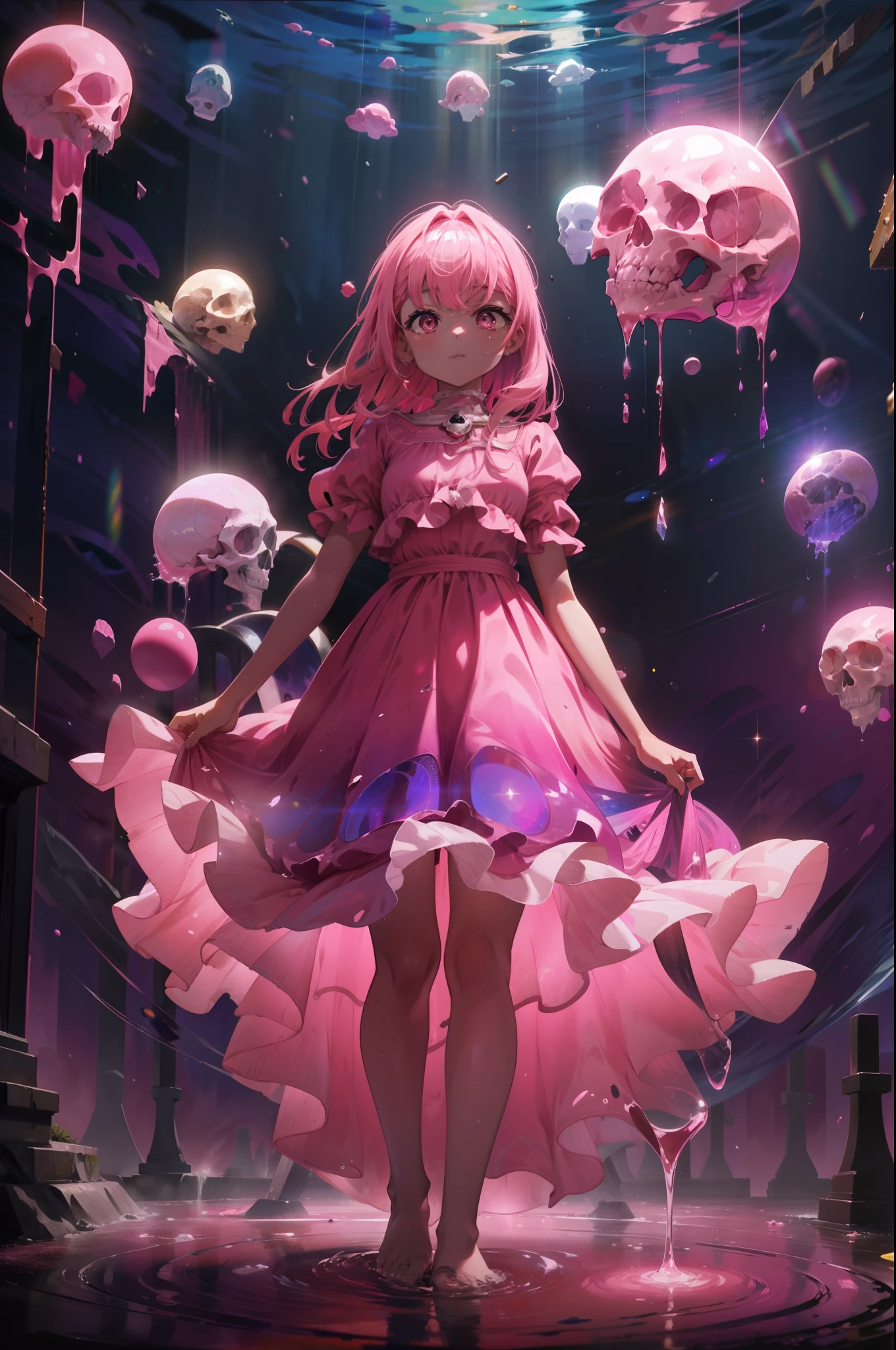 Color from space. a girl in a pink dress. Girl Coming Out Of The Well. Eyes shining in seven colors. Pink mucus from the dress. Skull rolling around a well. A glowing pink sphere floats in the air.