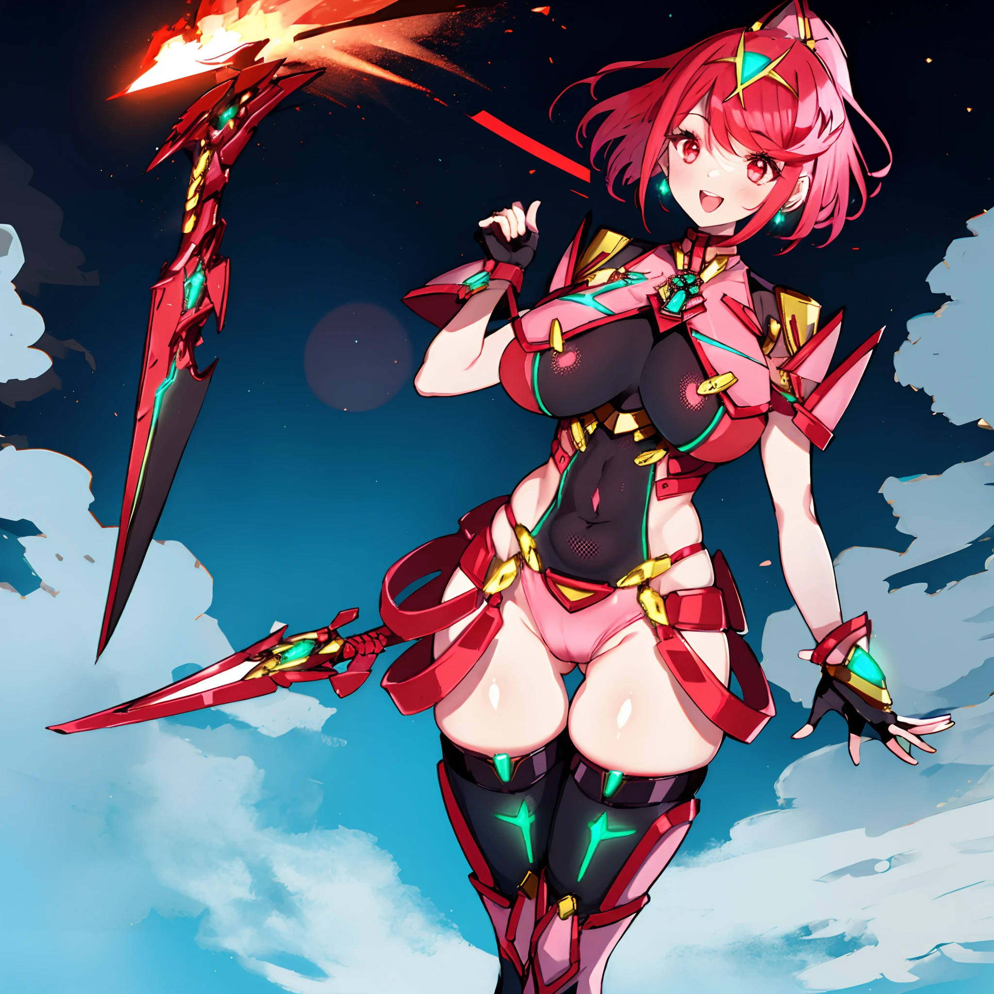 pyra \(xenoblade\), _1girl, lolings, black gloves, breasts, red eyes, light_open_mouth, earrings, eyelashes, fingerless gloves, floating hair, , gem, gloves, hair ornament, headpiece, jewelry, big_breasts, leaning back, swimsuit, neon trim, official art, pose, red hair, saitou masatsugu, short hair, sidelocks, skin tight, solo, swept bangs, thighhighs, tiara, fantasy_town_background, underbust, xenoblade chronicles \(series\), (xenoblade chronicles 2), (spread_legs:1.1), fire_effect,dynamic_pose,fighting,light_smile, (plump:1.1), big_ass,huge_sword, hold_large_sword_hilt, covered_nipples, covered_pussy,back_view, fists,ponytail,plump,beautiful_fingers,(solo:1.1), bare_shoulder,